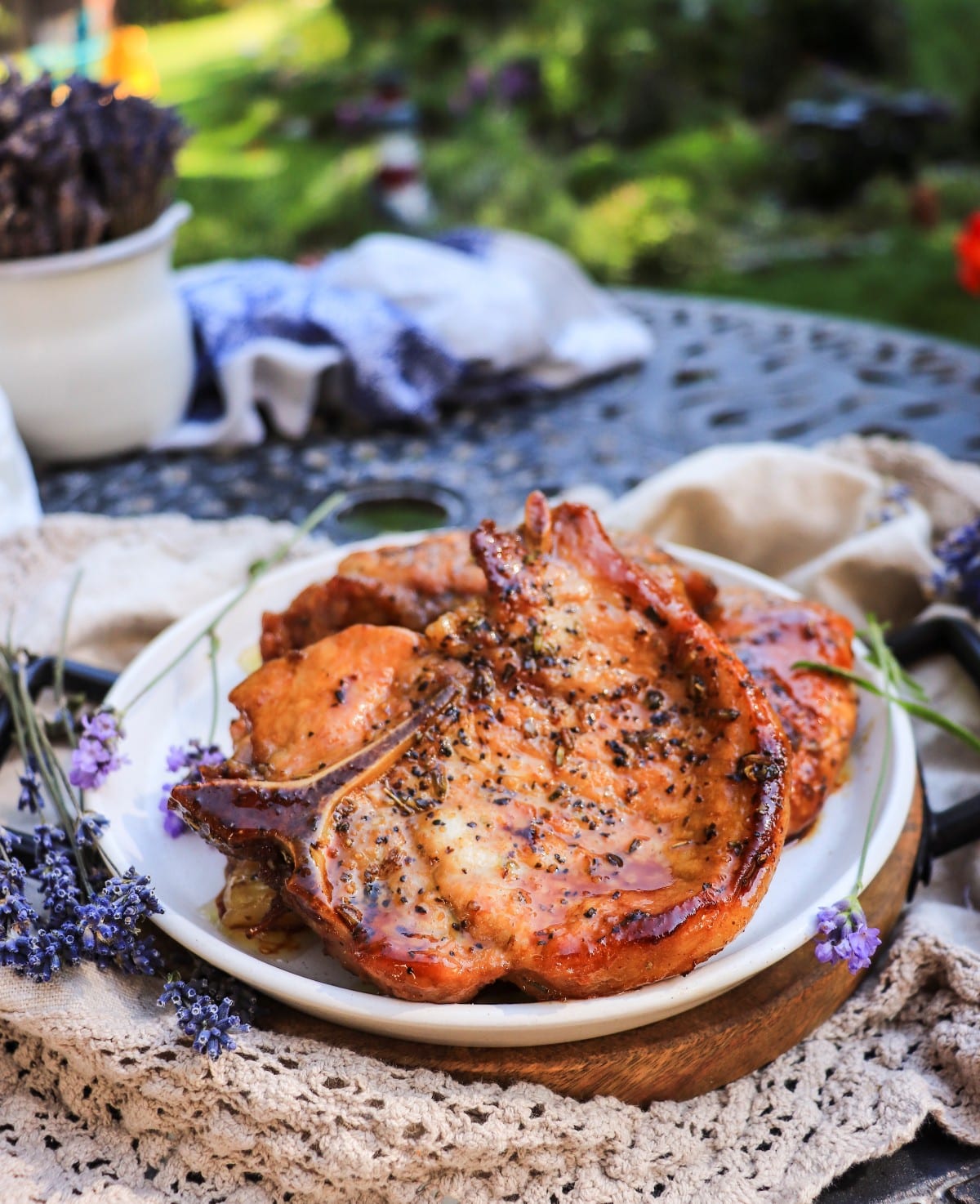 pan-fried pork chops with lavender and honey