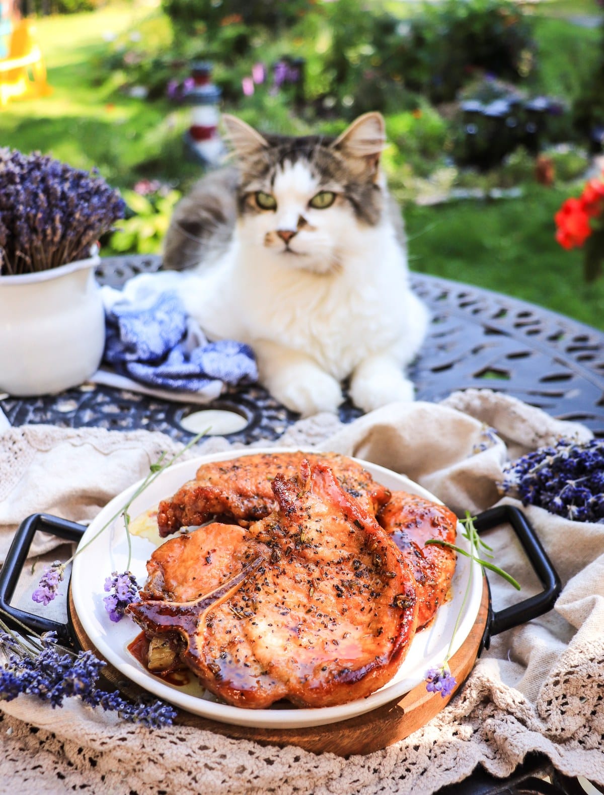 lavender crusted porkchops with honey sauce (one-pan recipe)
