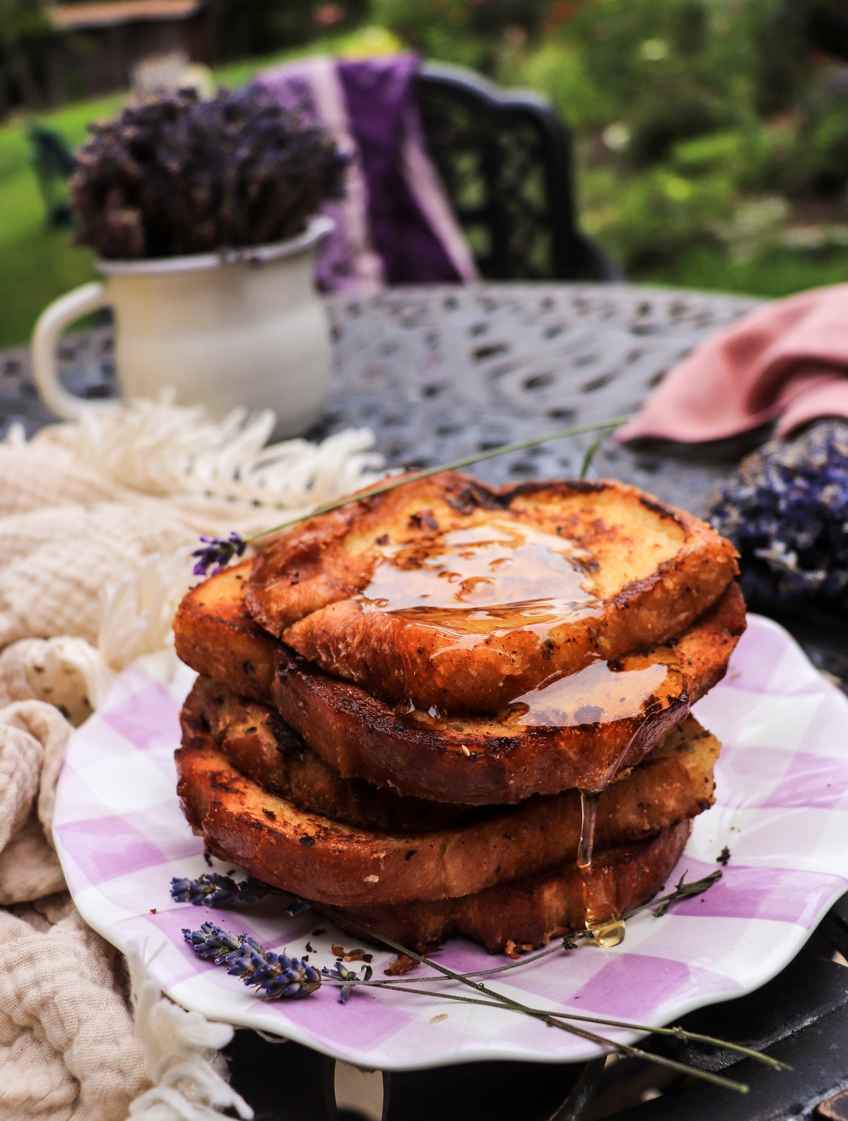 lavender French toast served with maple syrup
