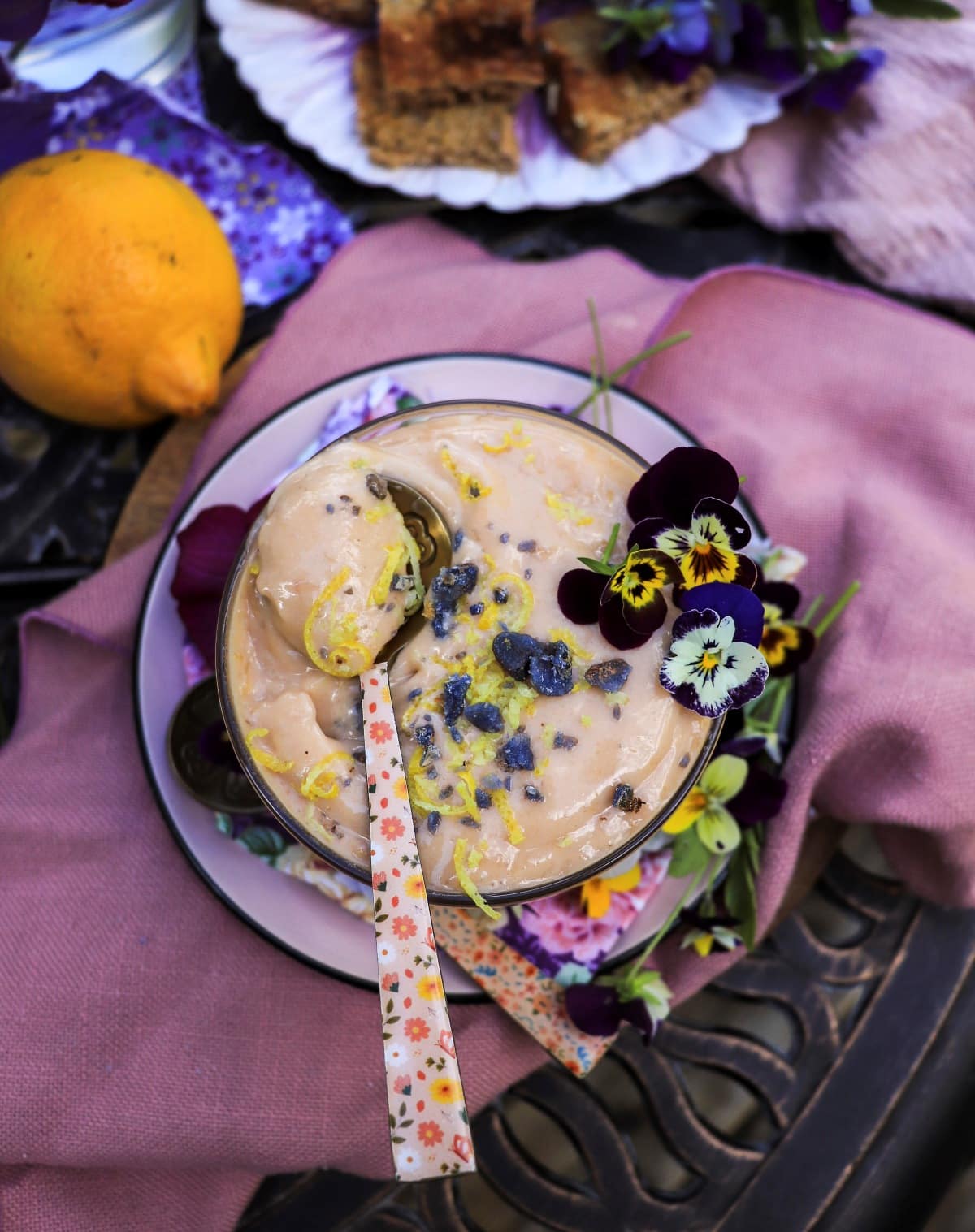 Lemon curd with crème de violette and lemon zest