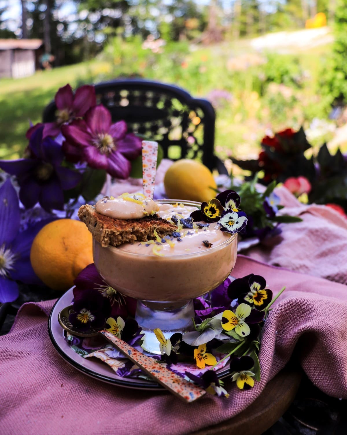 Homemade floral lemon curd with crème de violette (violet liqueur)