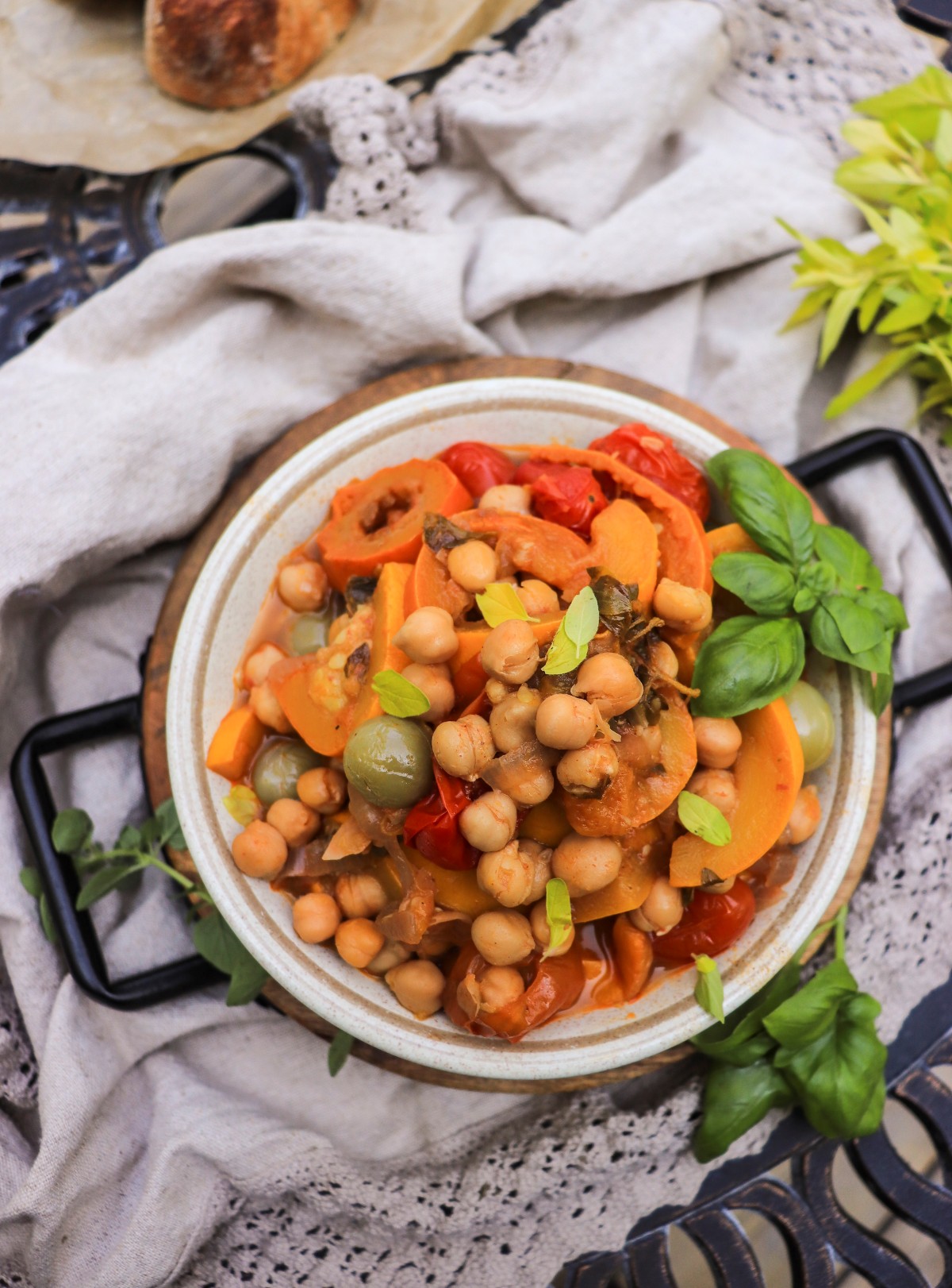 Mediterranean zucchini chickpea stew with fresh basil
