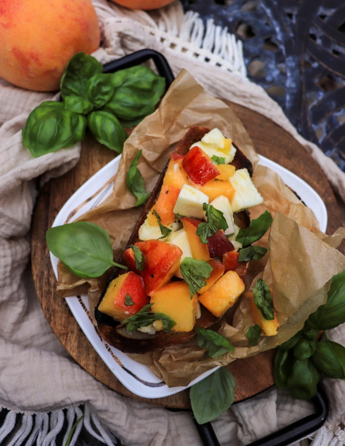 peach bruschetta with mozzarella and basil