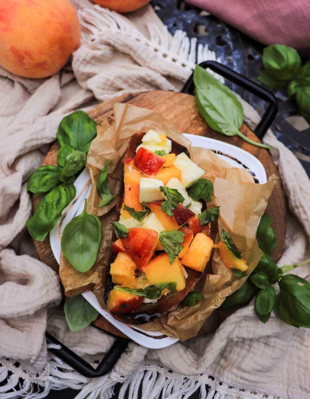 peach mozzarella bruschetta with fresh basil