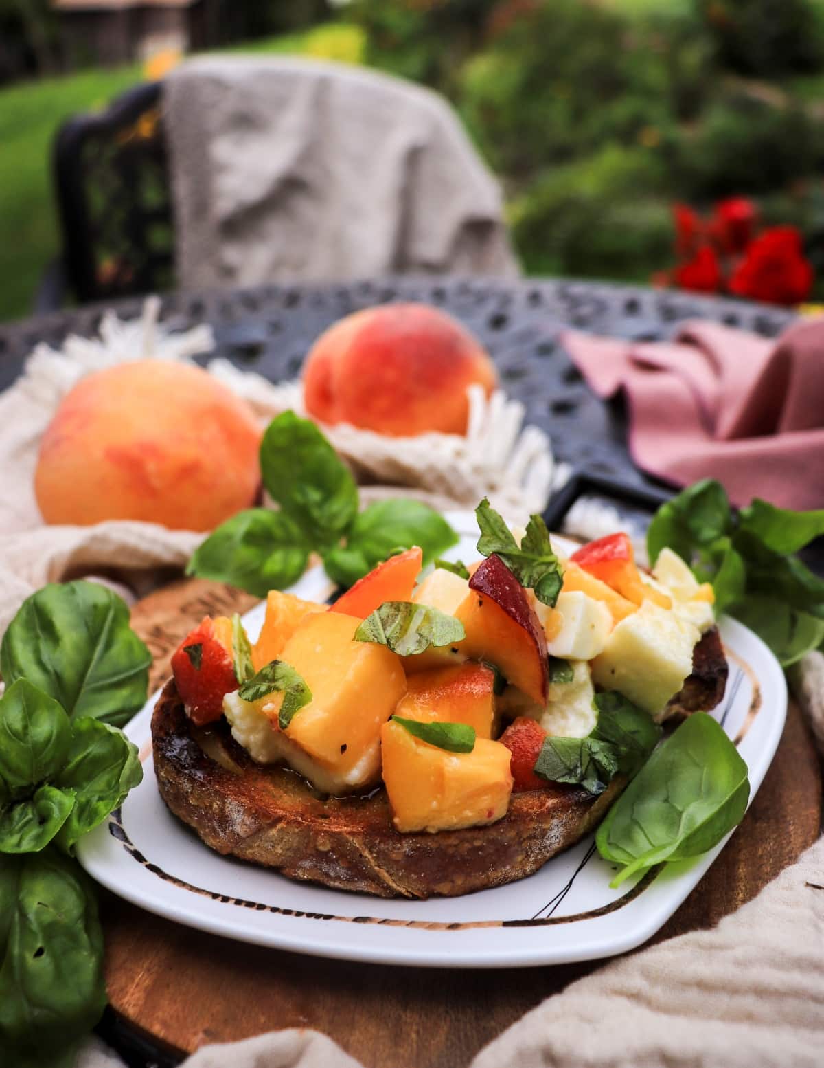 peach bruschetta with mozzarella on toasted bread
