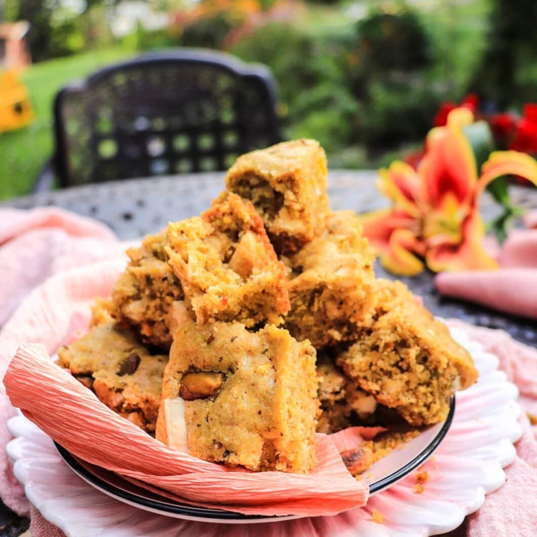 Pistachio Cake Bars with White Chocolate & Orange