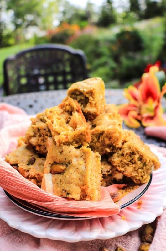 Pistachio Cake Bars with White Chocolate & Orange