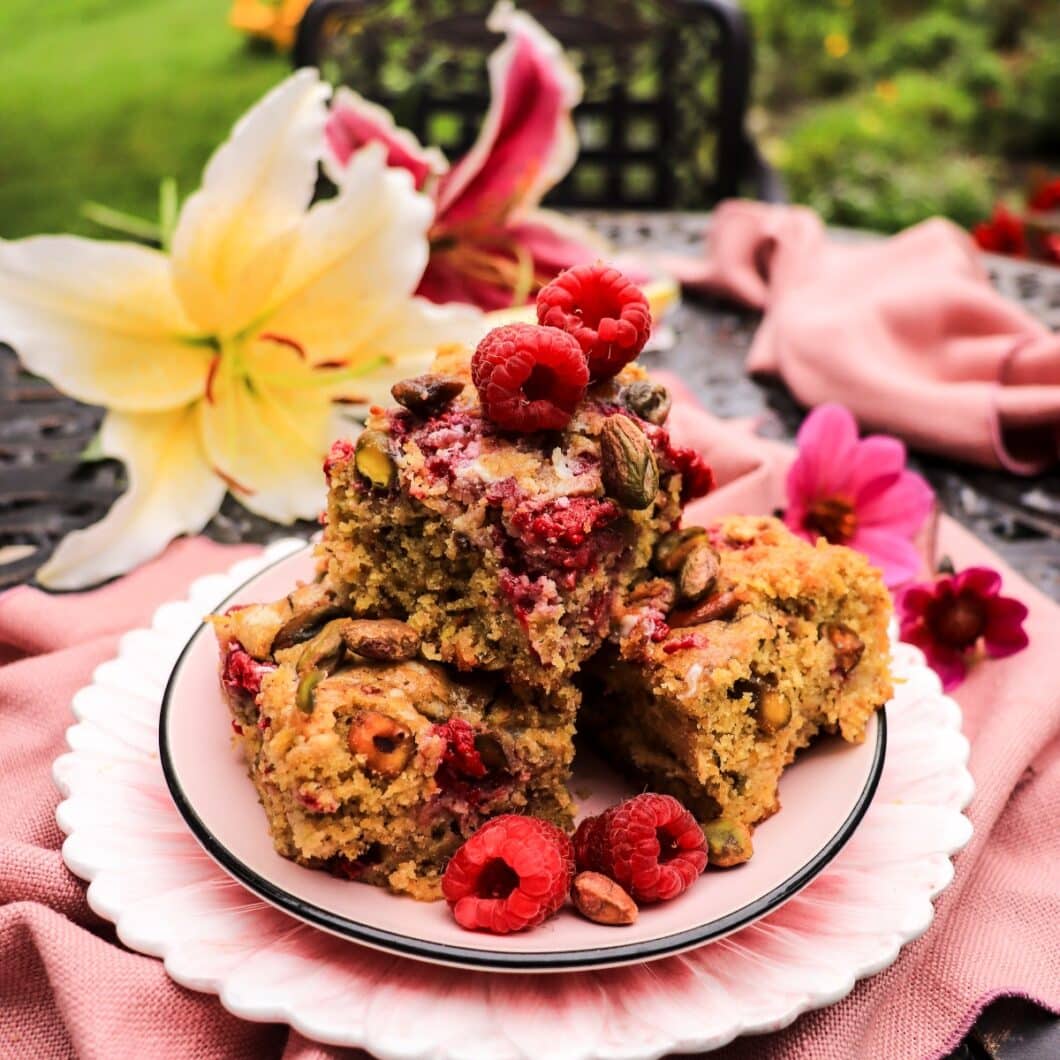 Raspberry Pistachio Cake Bars with White Chocolate