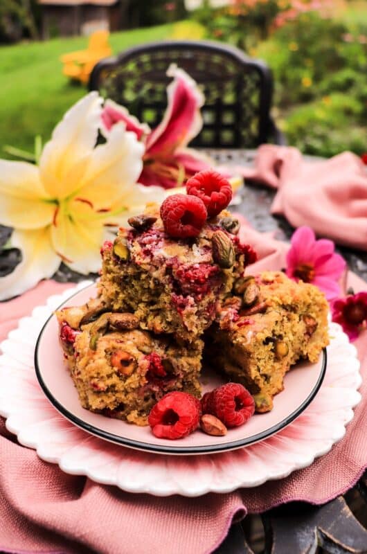 Raspberry Pistachio Cake Bars with White Chocolate