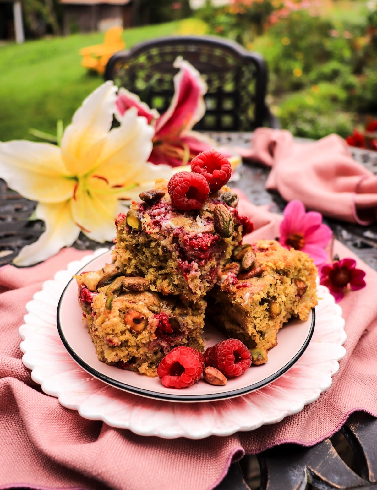raspberry white chocolate cake bars with pistachios