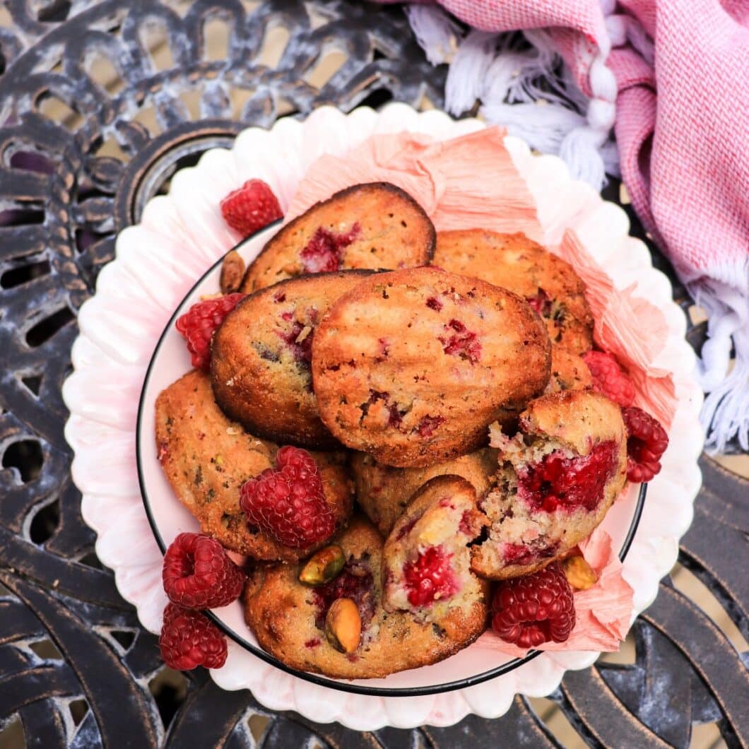 Raspberry Pistachio Madeleines with White Chocolate
