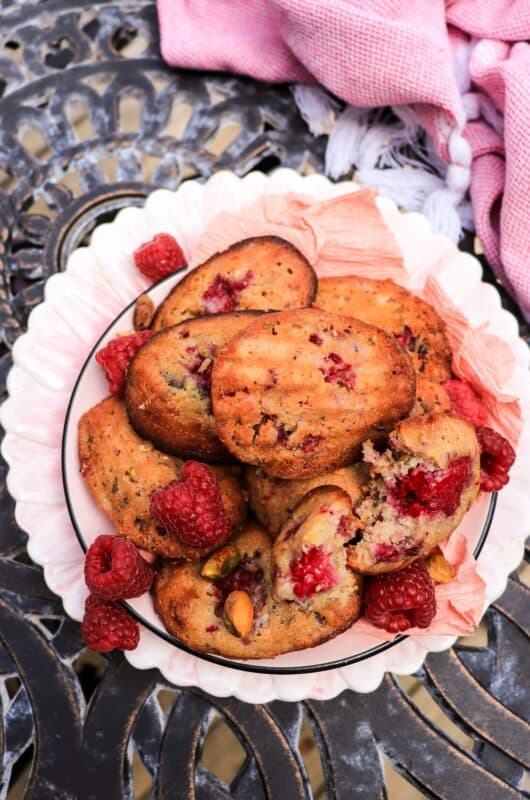 Raspberry Pistachio Madeleines with White Chocolate
