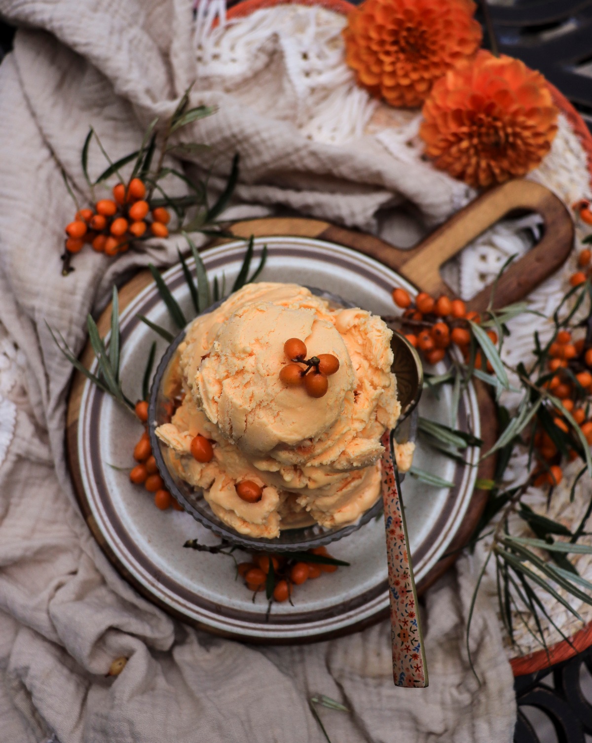 sea buckthorn ice cream with fresh sea buckthorn berries