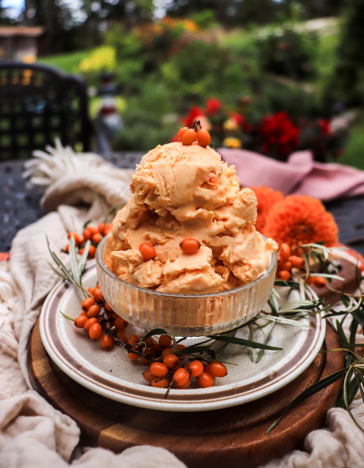 no-churn sea buckthorn ice cream with sweetened condensed milk and sea buckthorns 