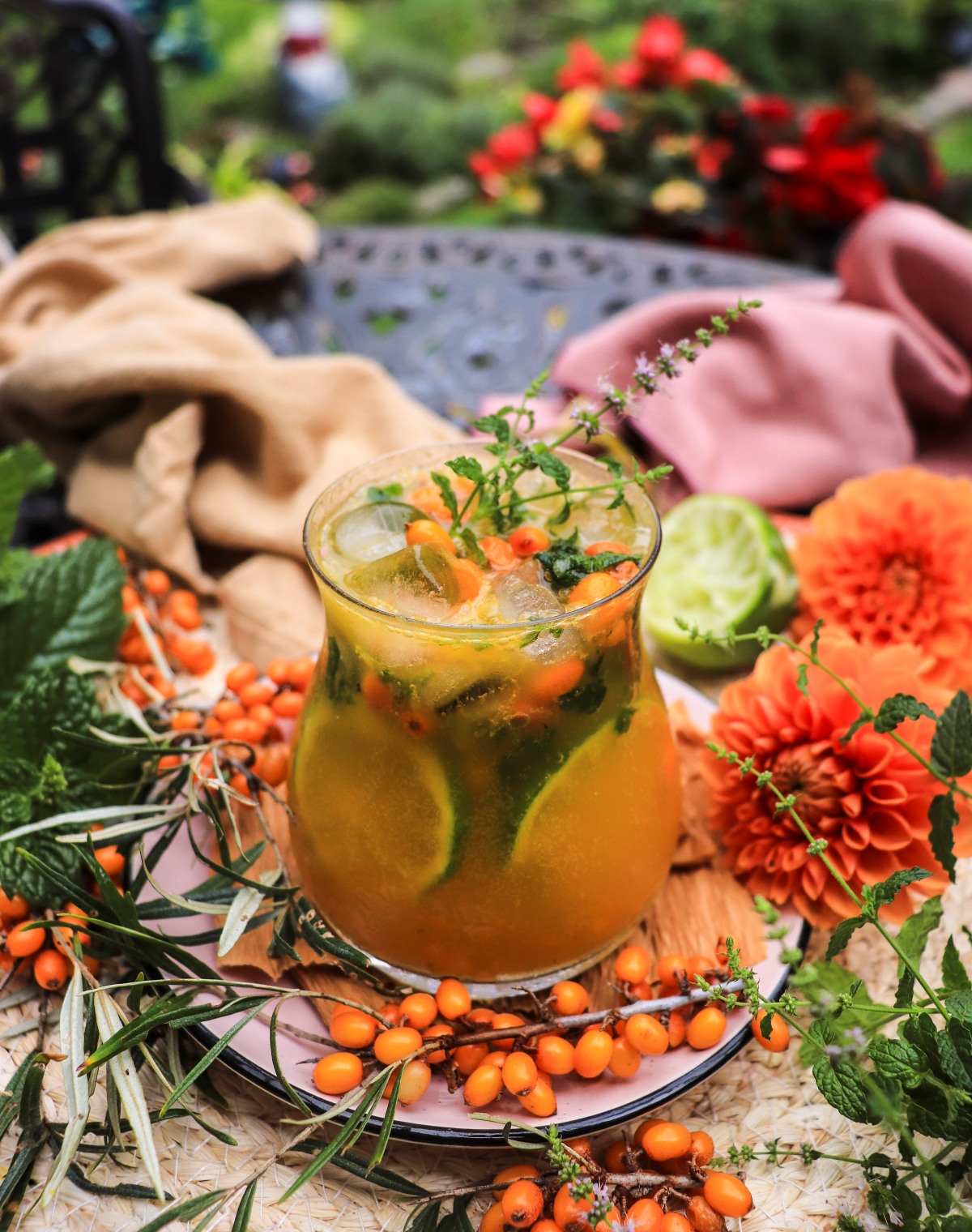 sea buckthorn mojito cocktail with sea buckthorn concentrate or syrup 