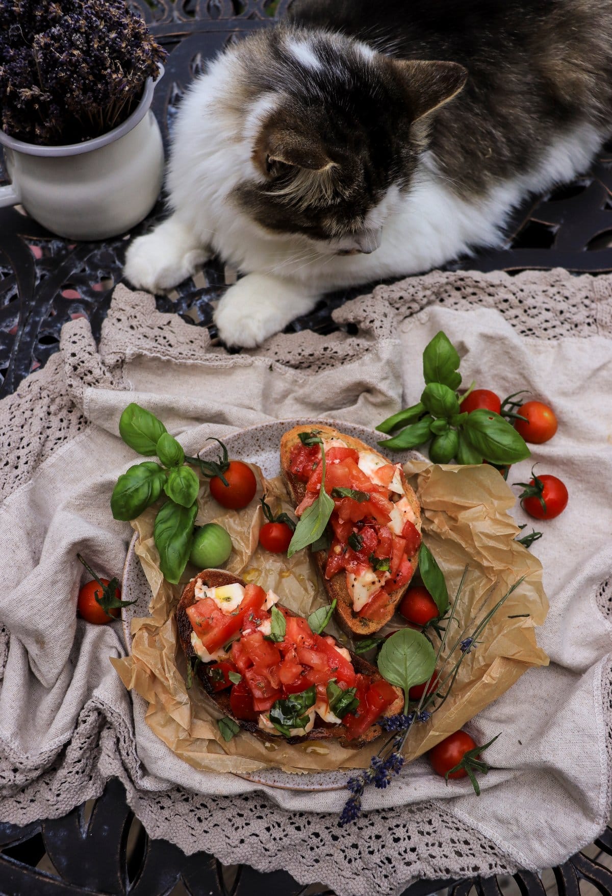 tomato bruschetta with lavender and basil