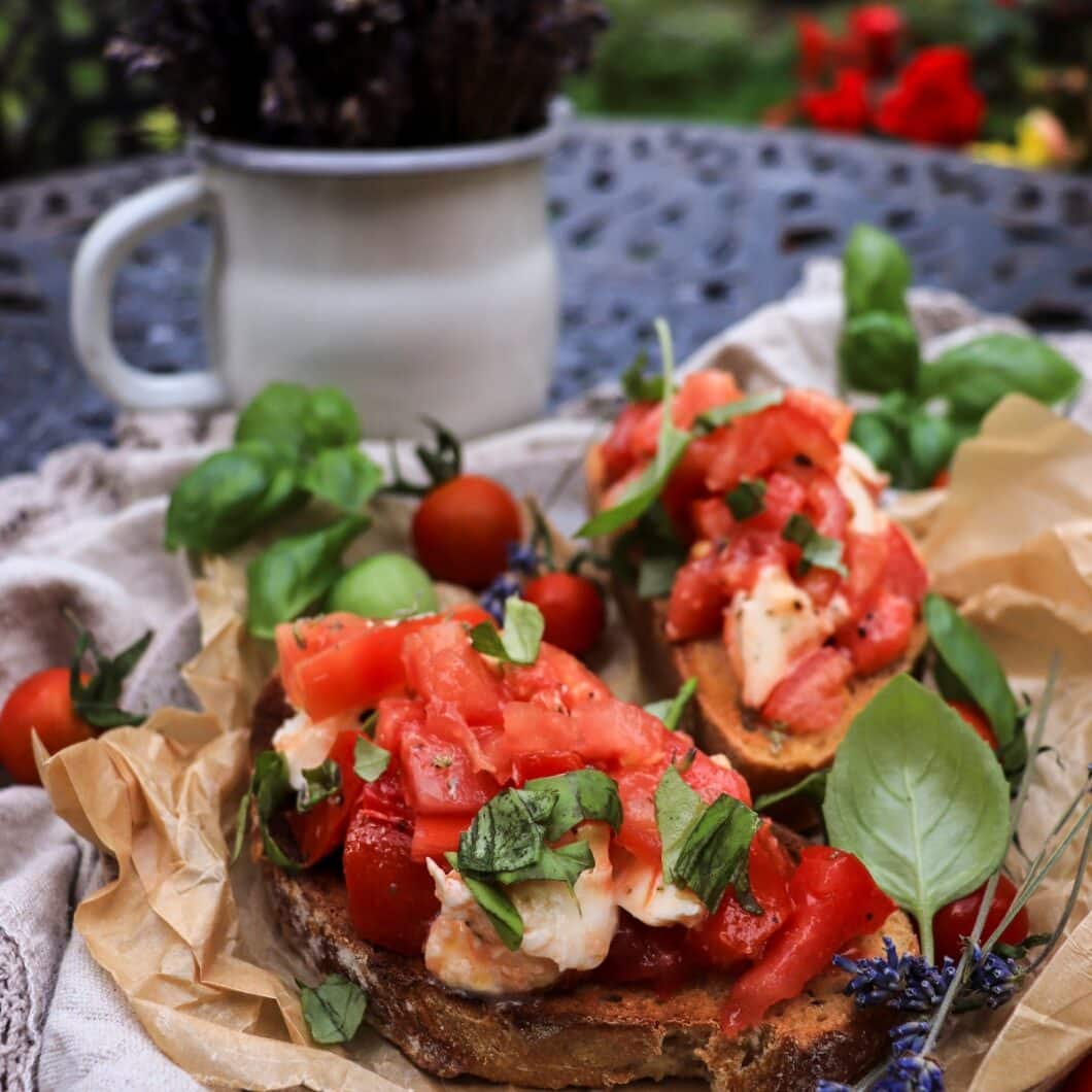 Tomato Bruschetta with Mozzarella and Lavender