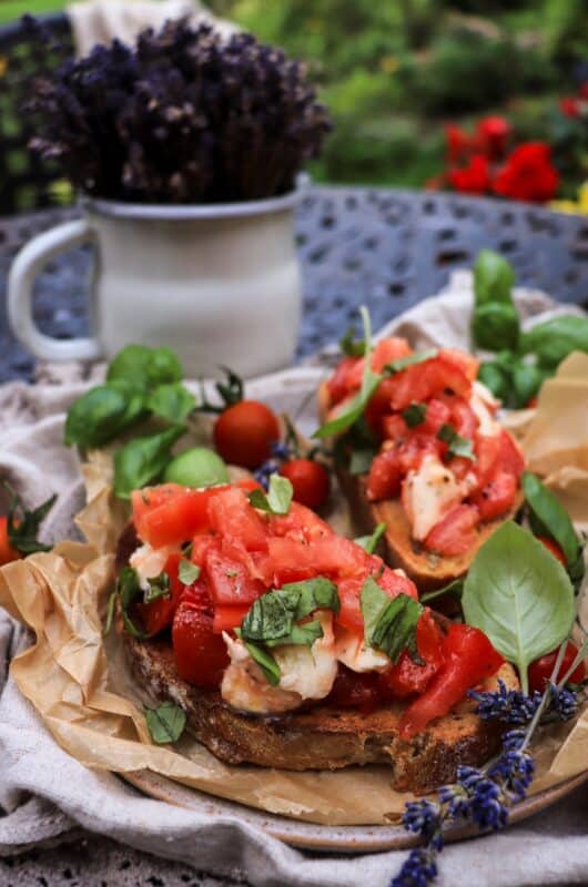 Tomato Bruschetta with Mozzarella and Lavender