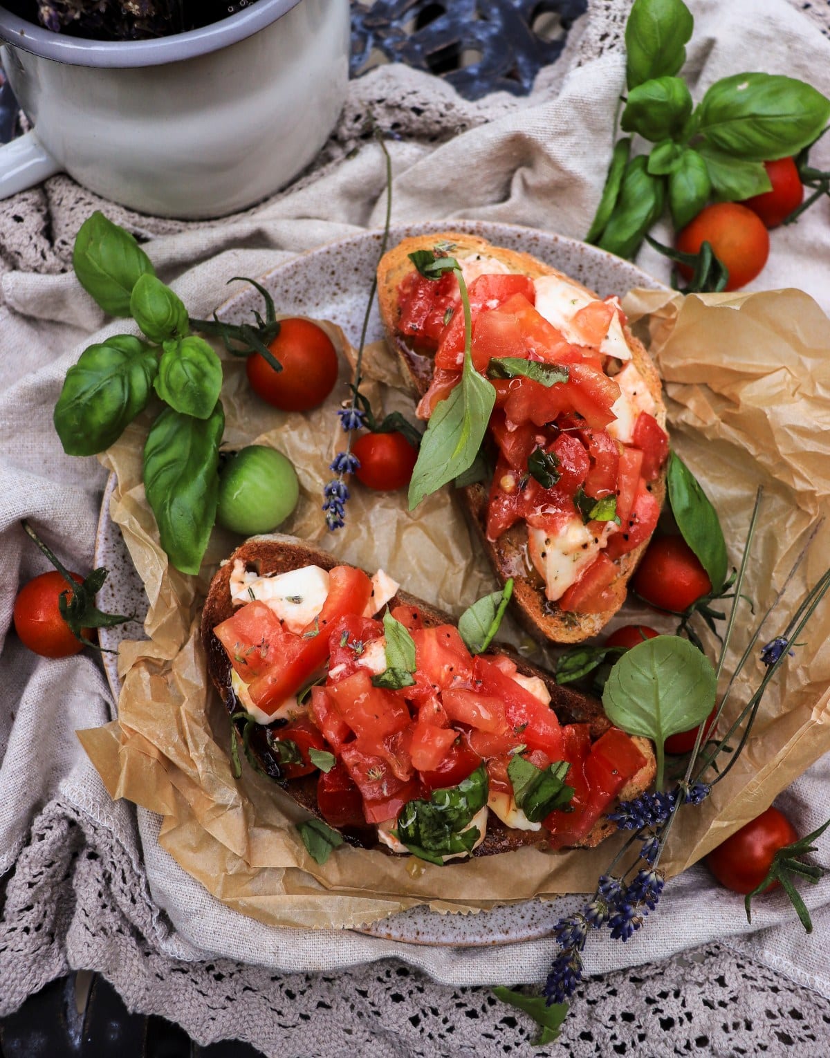 fresh tomato bruschetta with mozzarella