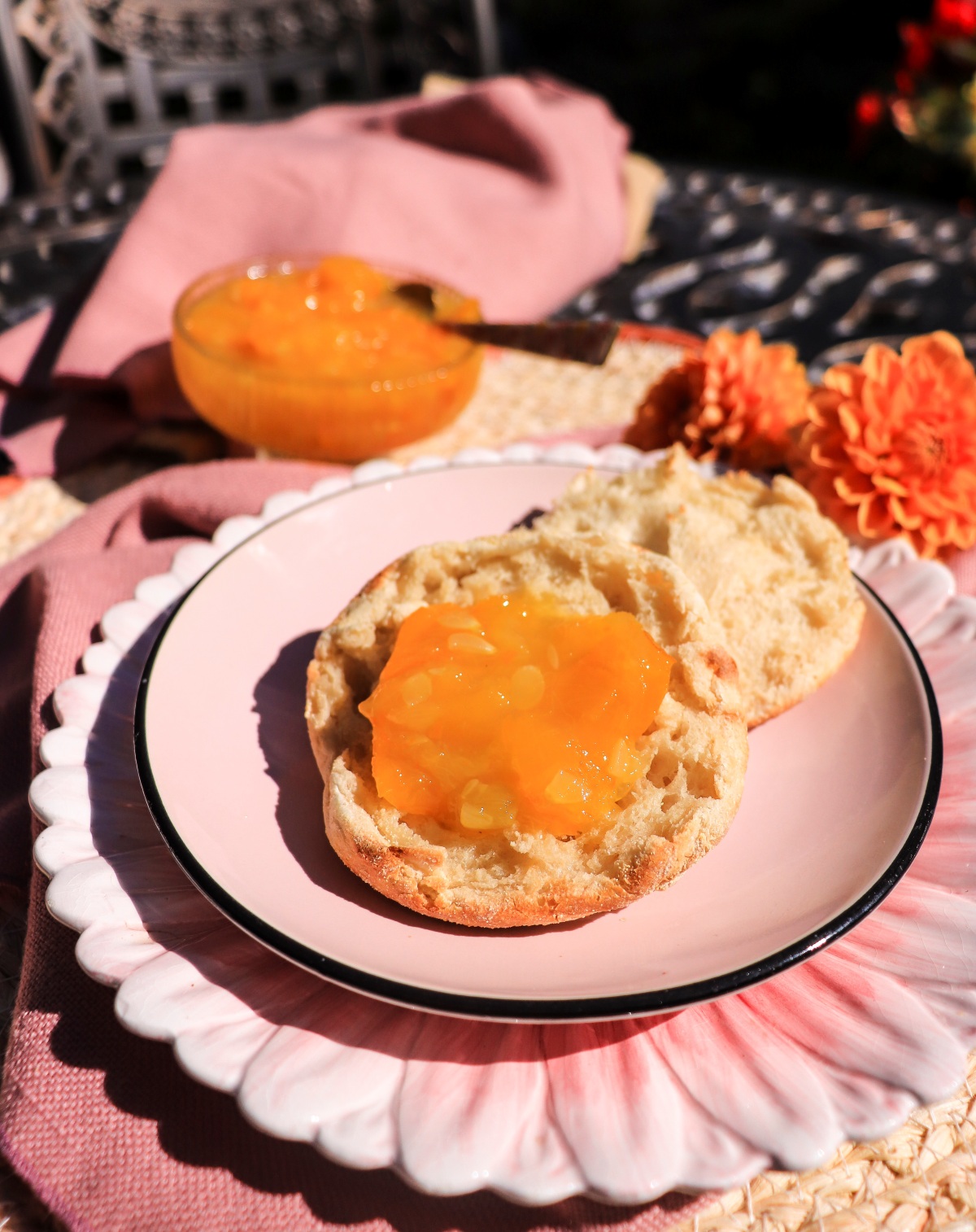 orange zucchini jam spread on bread