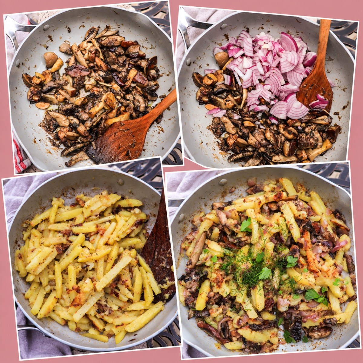 fried wild mushrooms and potatoes during different stages of cooking