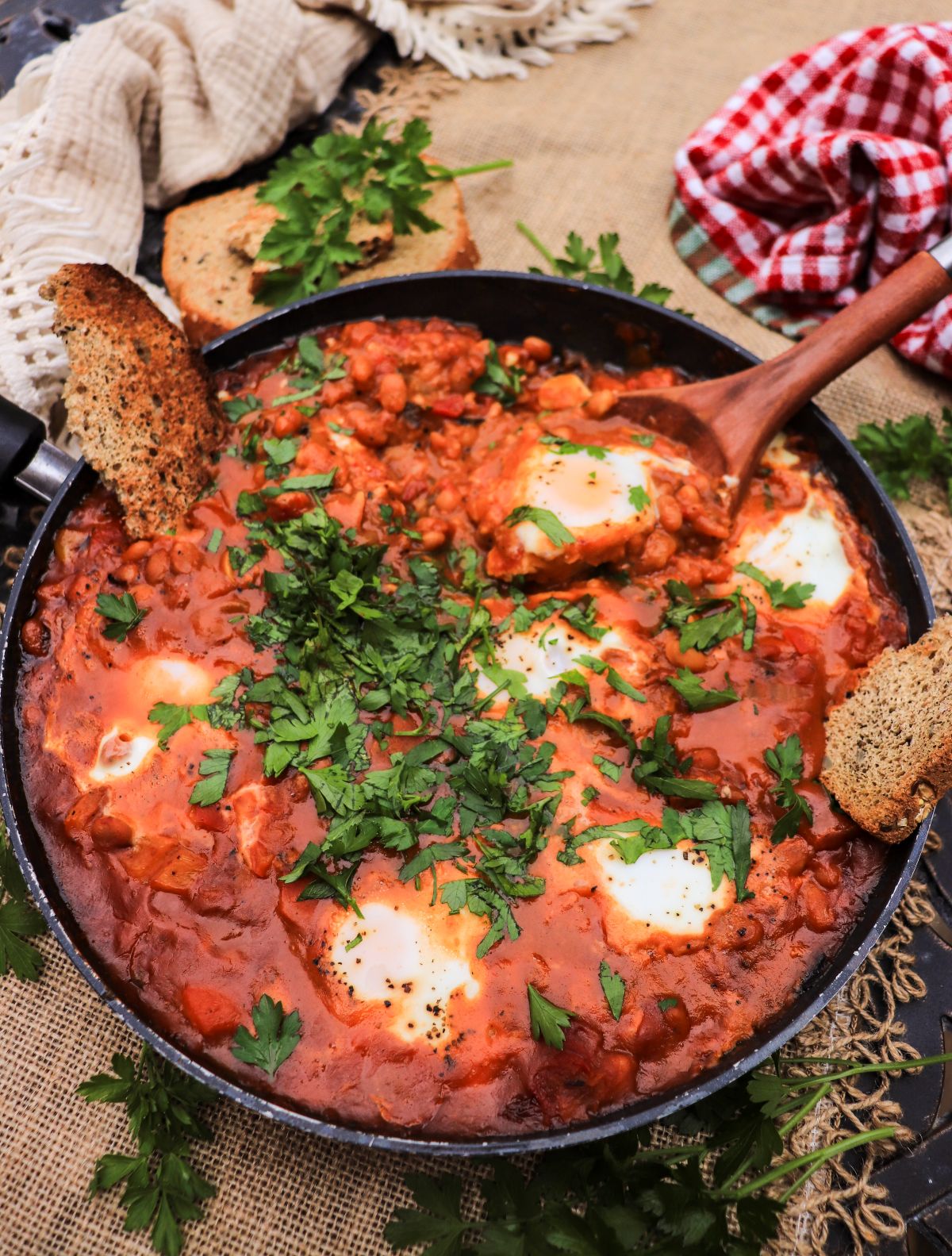 baked bean shakshuka with tomatoes and eggs