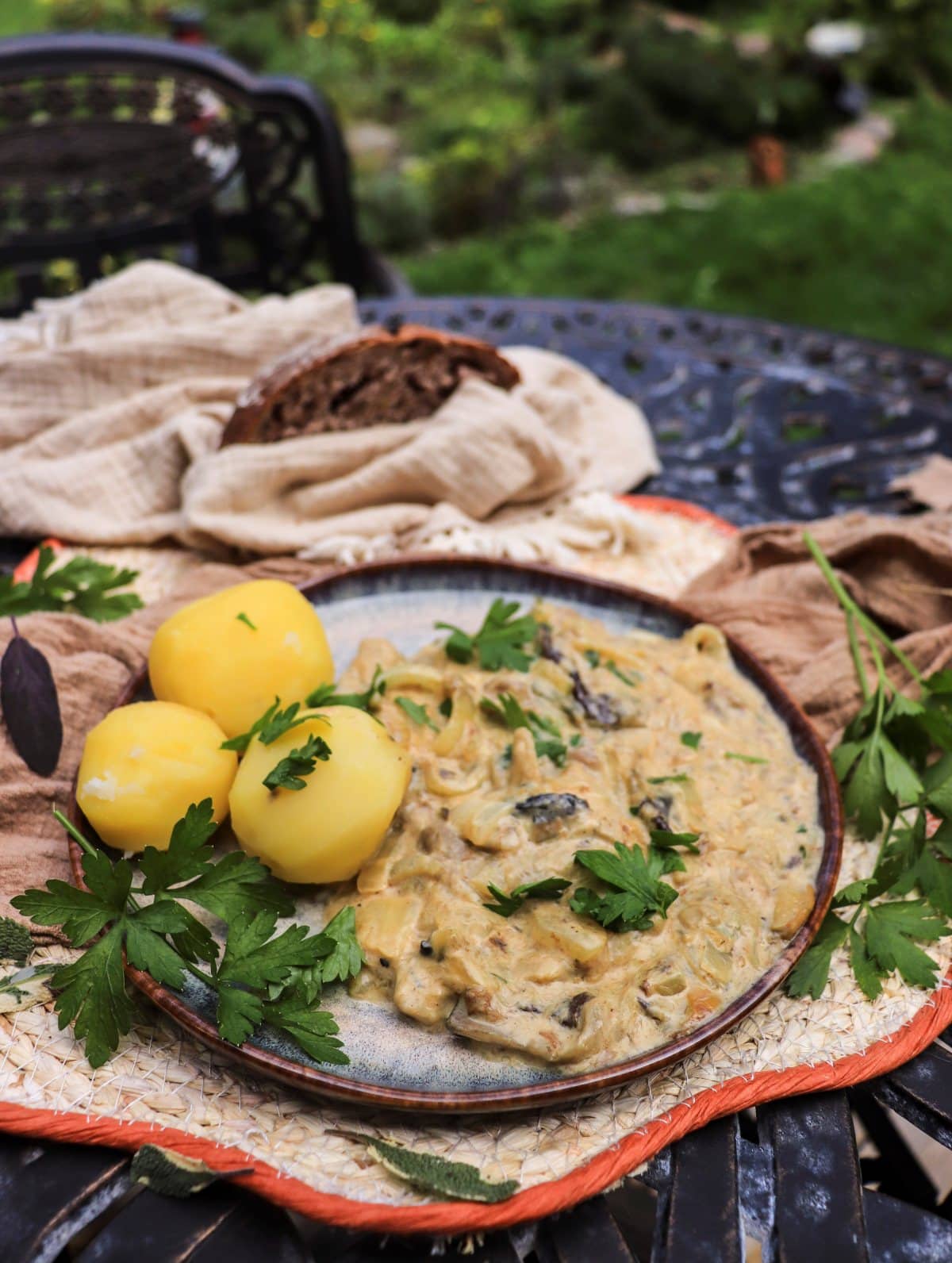 wild mushroom stew with potatoes and fresh herbs