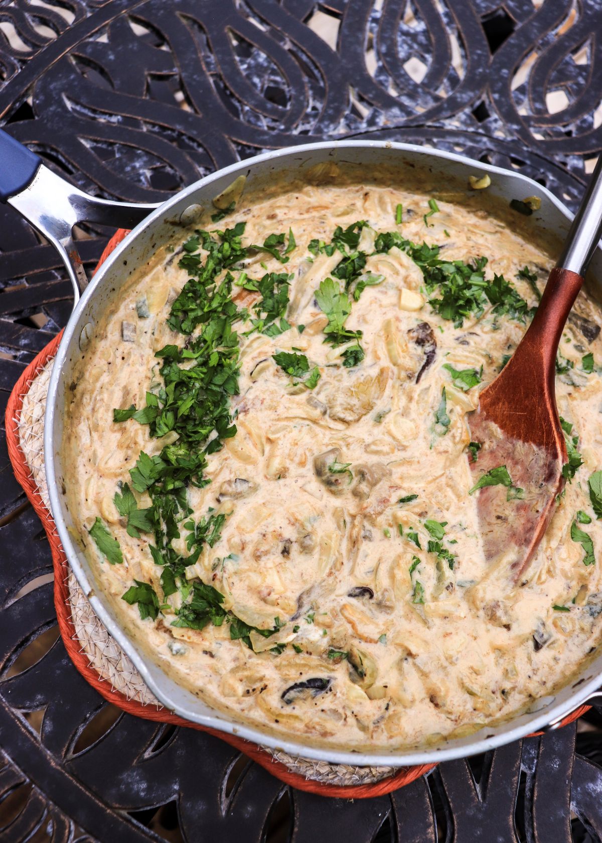 creamy wild mushroom stew in a pan