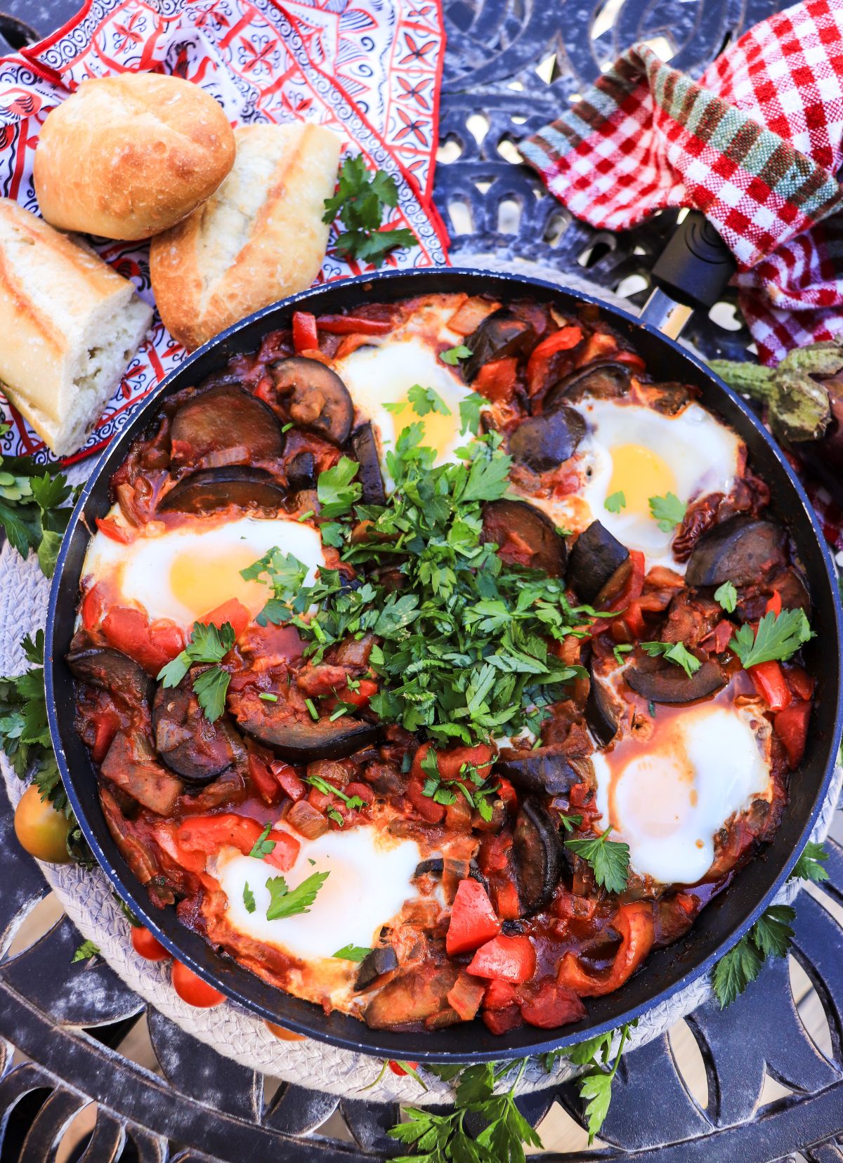 smoky and chunky eggplant shakshuka with fresh tomatoes