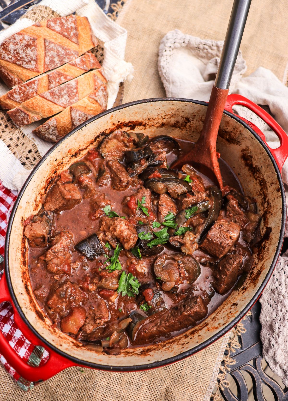Mediterranean beef stew with eggplant and tomatoes