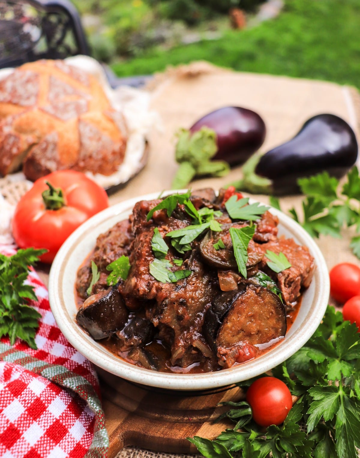 Greek beef and eggplant stew with tender beef and eggplant