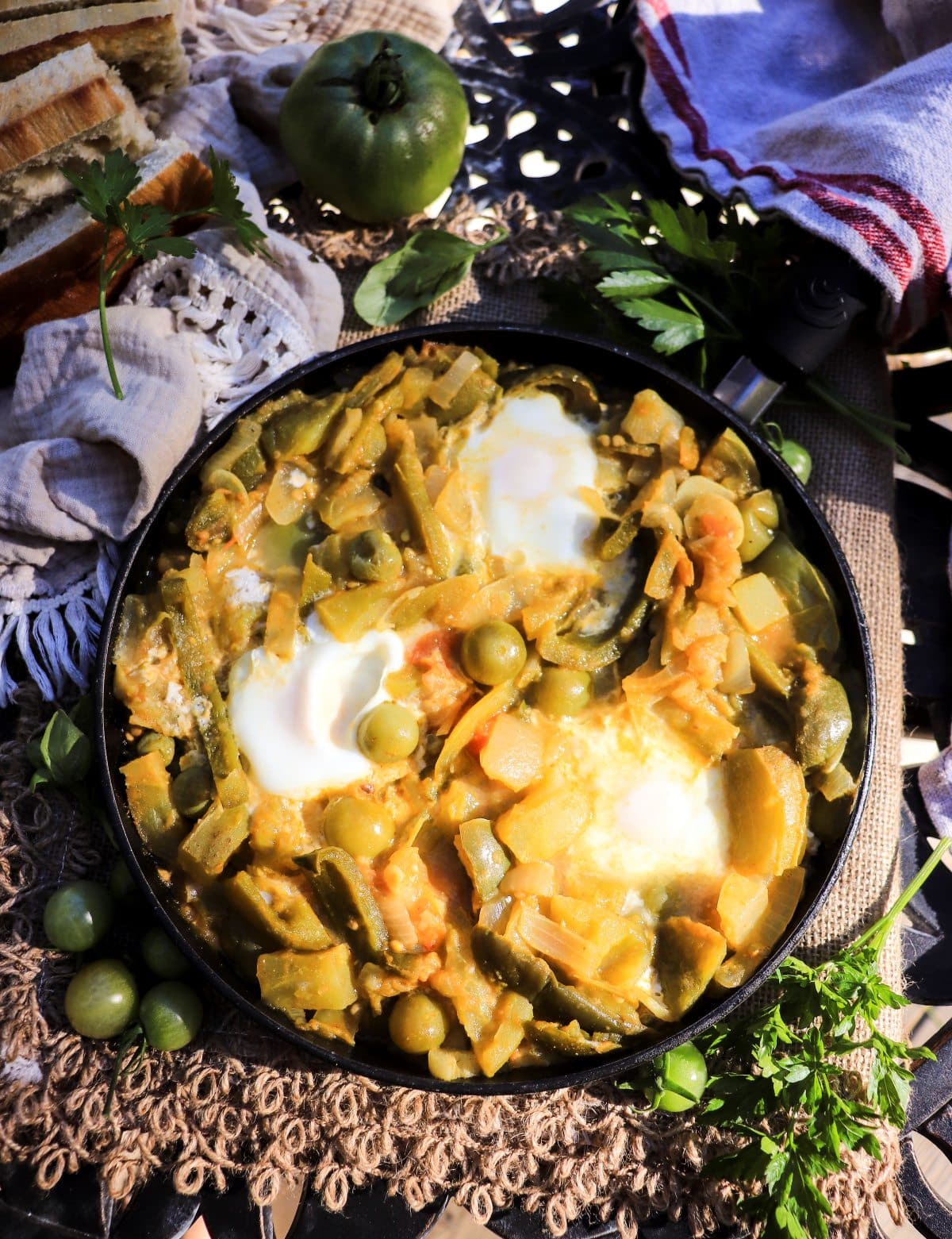 unripe tomato shakshuka with poached eggs