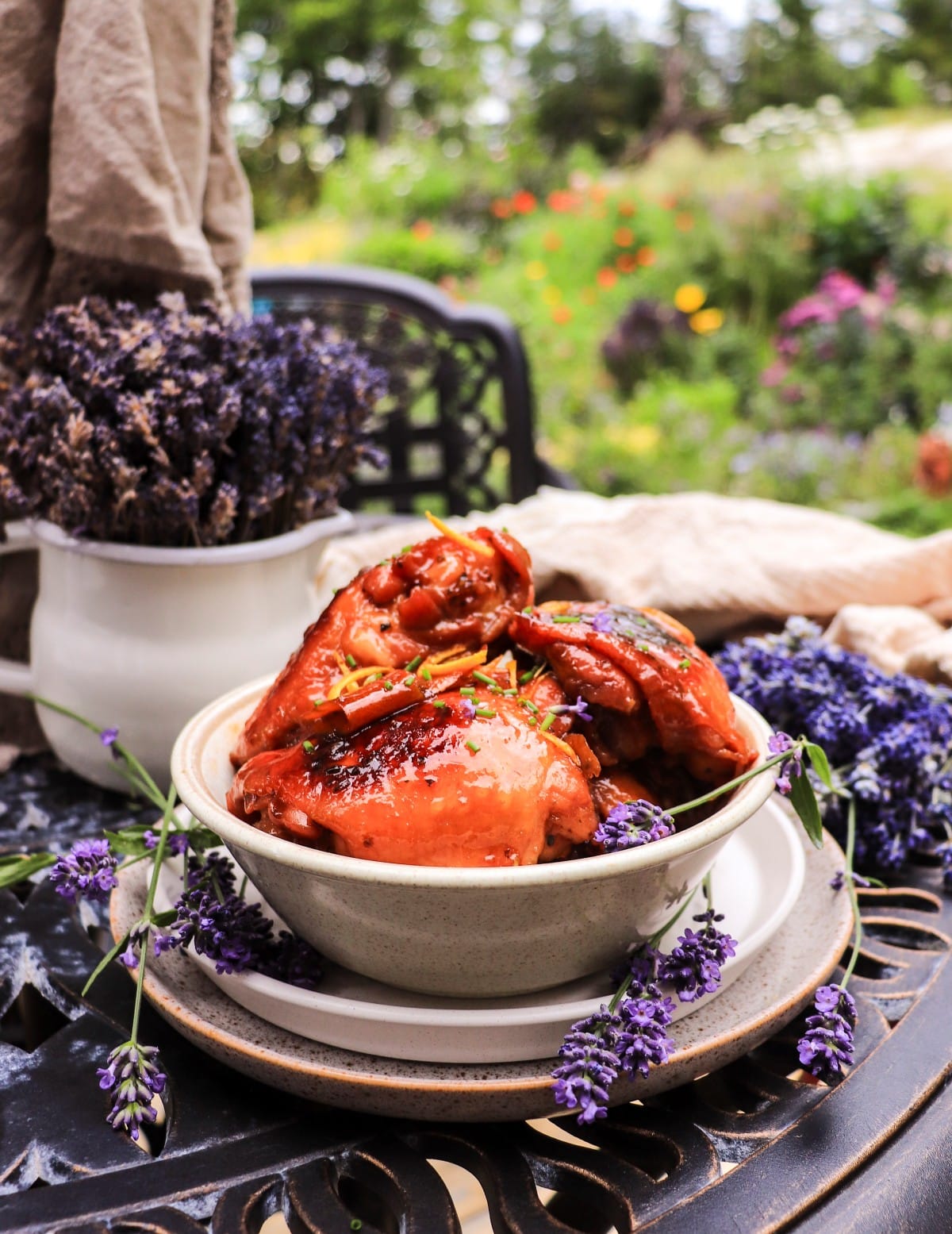 lavender orange chicken with sticky honey citrus glaze