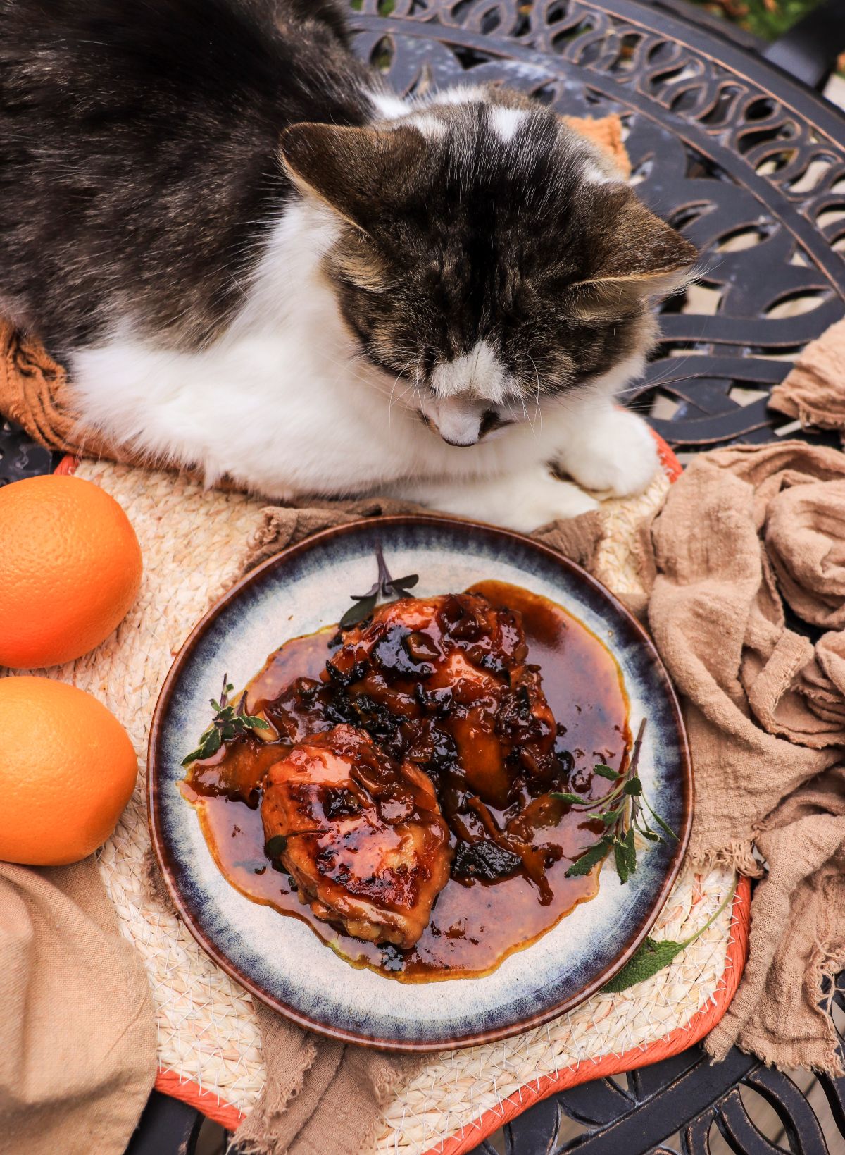 orange maple chicken thighs with fresh sage