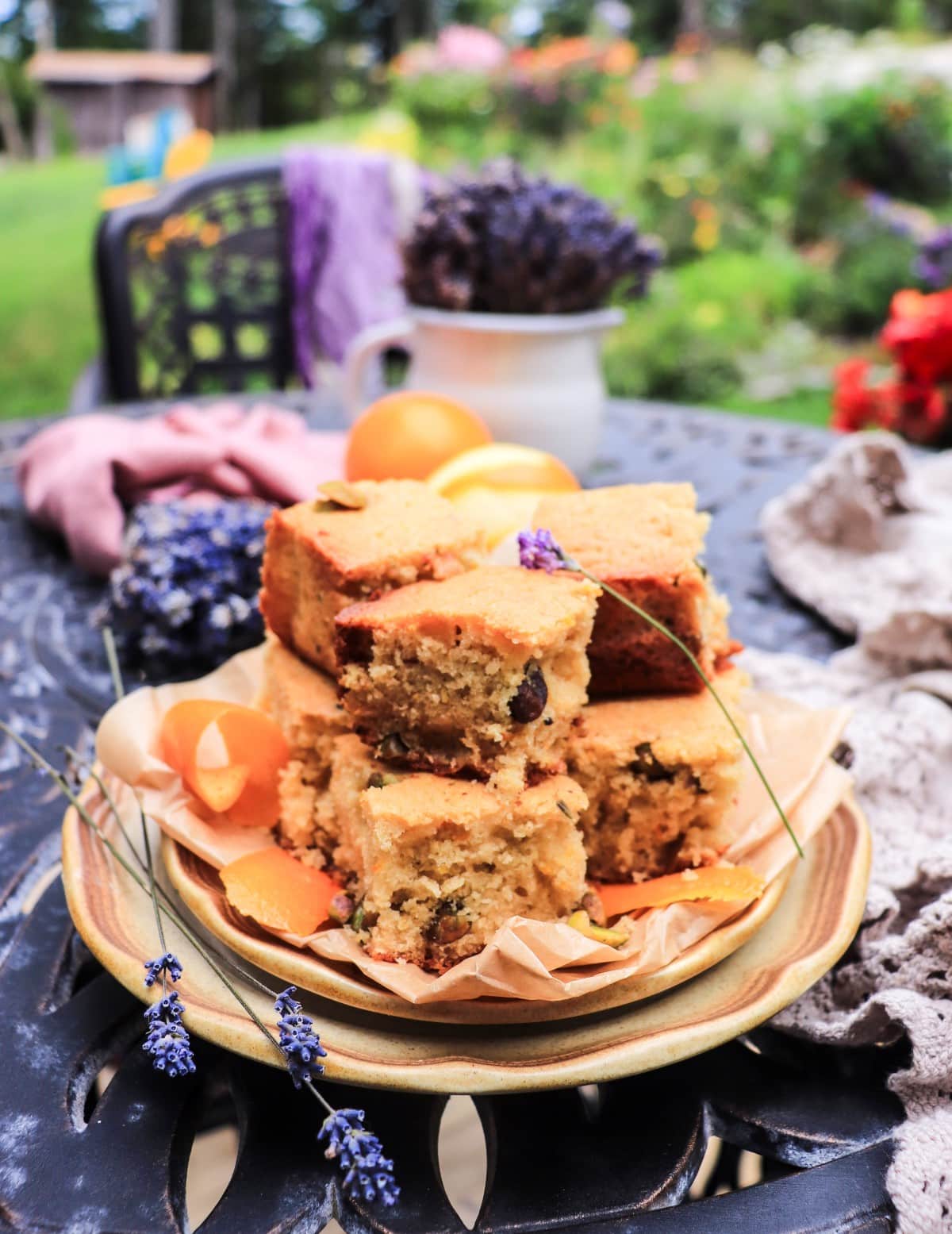orange lavender cake bars recipe with roasted pistachios