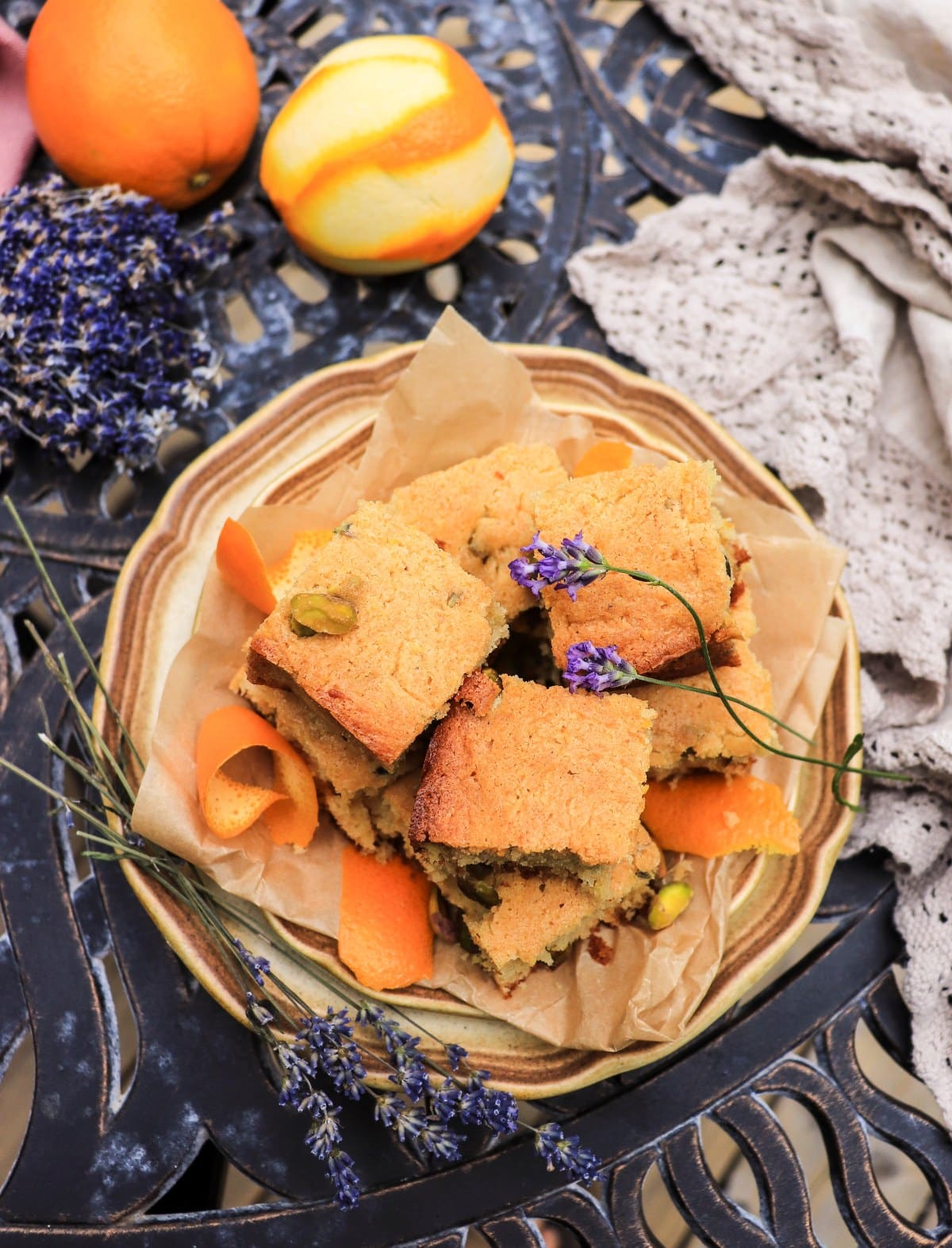 pistachio cake bars with orange and lavender