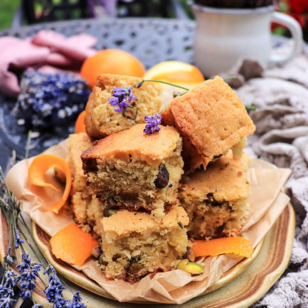 Orange Pistachio Cake Bars with Lavender