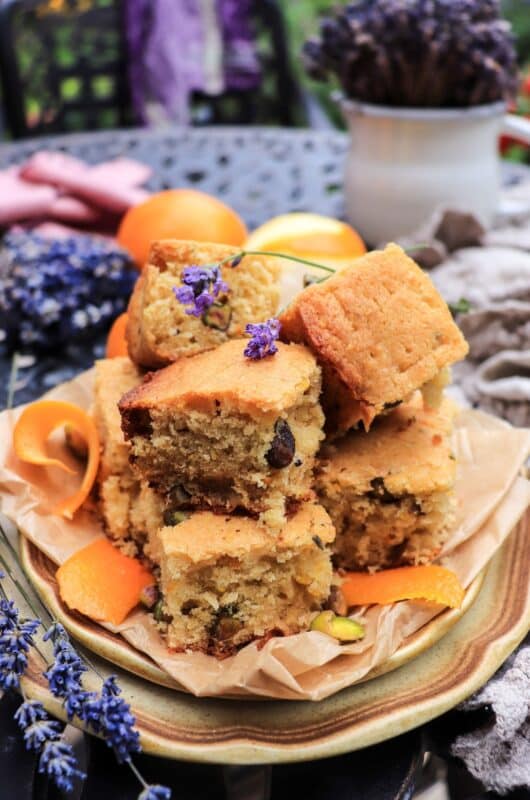 Orange Pistachio Cake Bars with Lavender