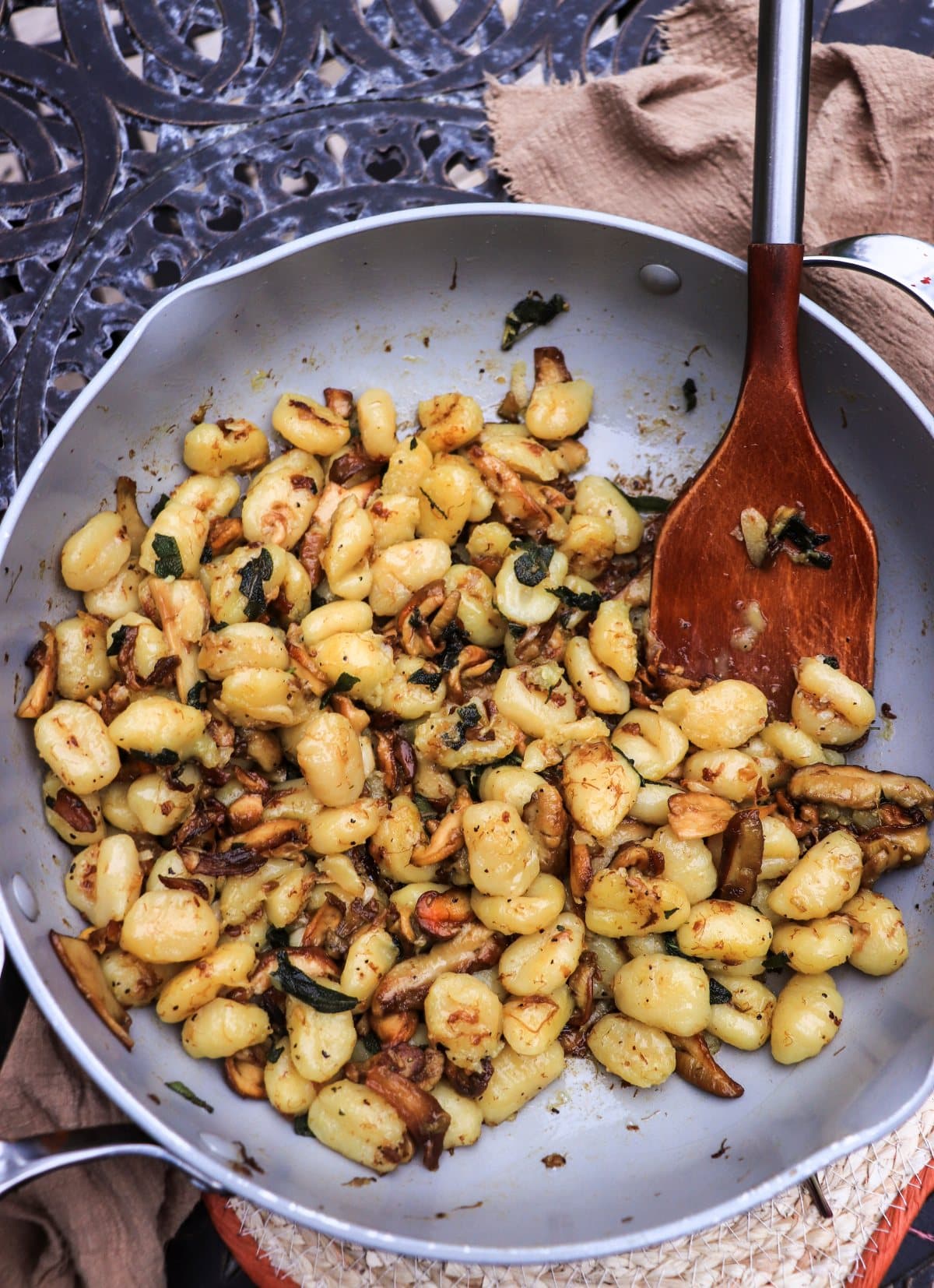 pan fried gnocchi with mushrooms in a skillet