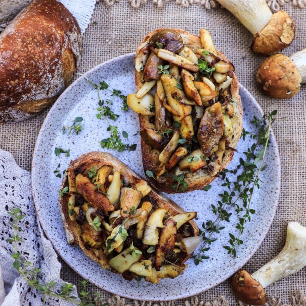 Porcini Bruschetta with Shallots, Thyme, and Sage