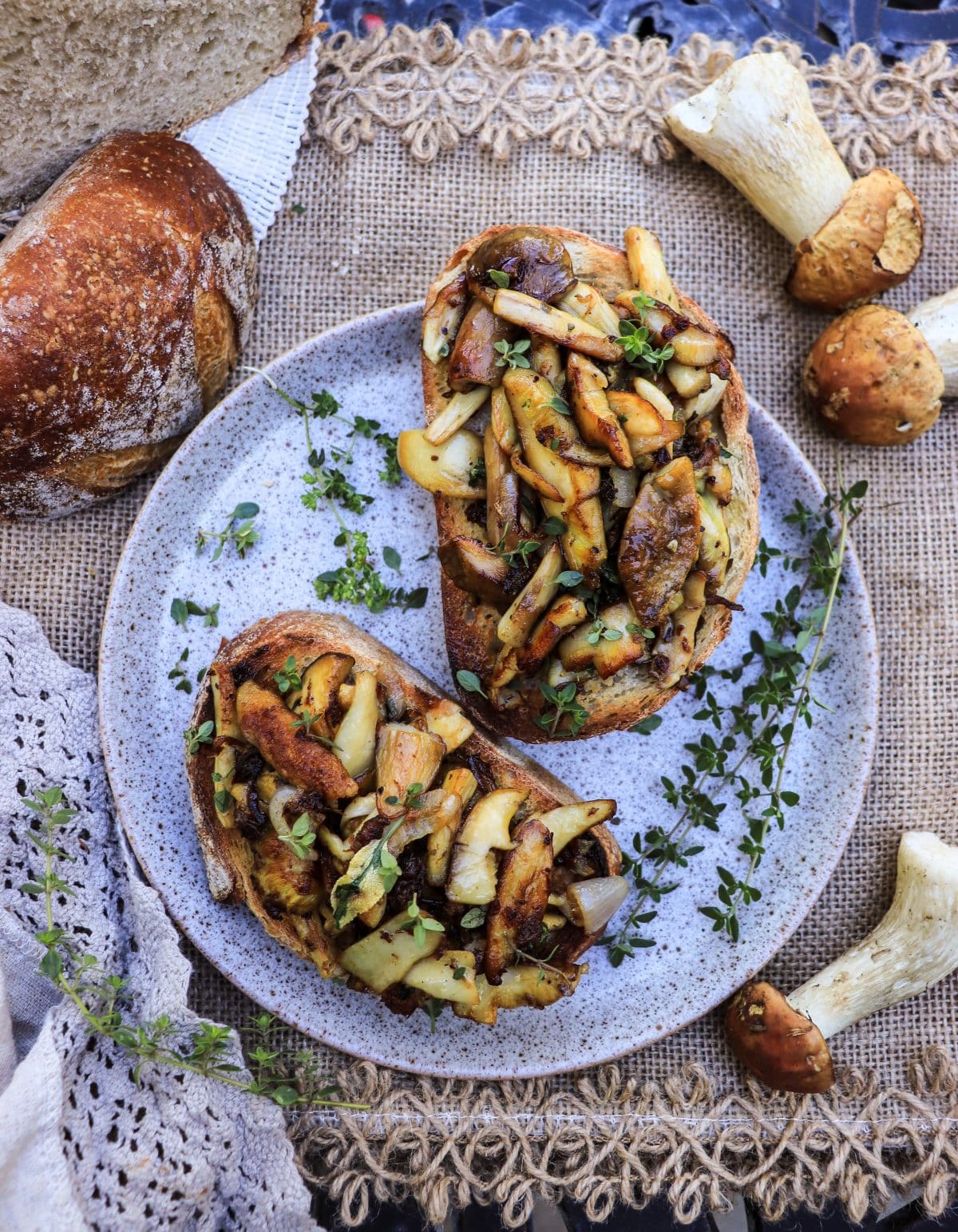 bruschetta with porcini mushrooms, shallots, and fresh herbs