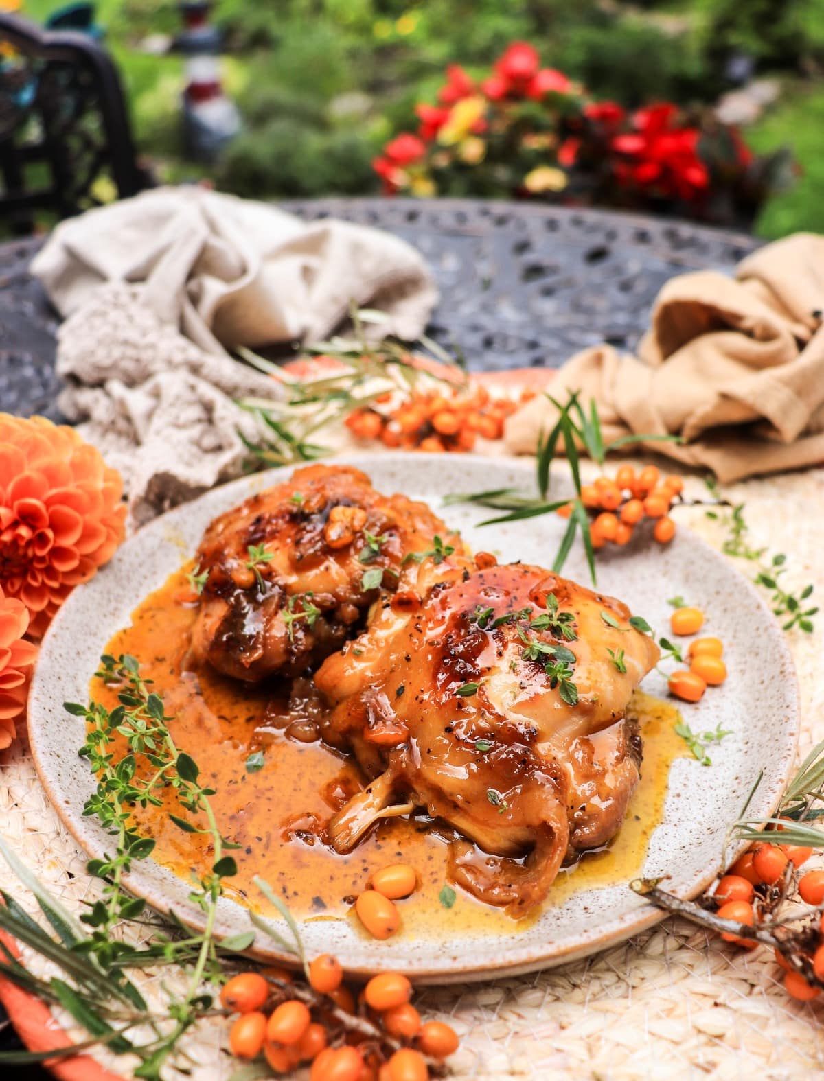 sea buckthorn glazed chicken with honey and fresh thyme