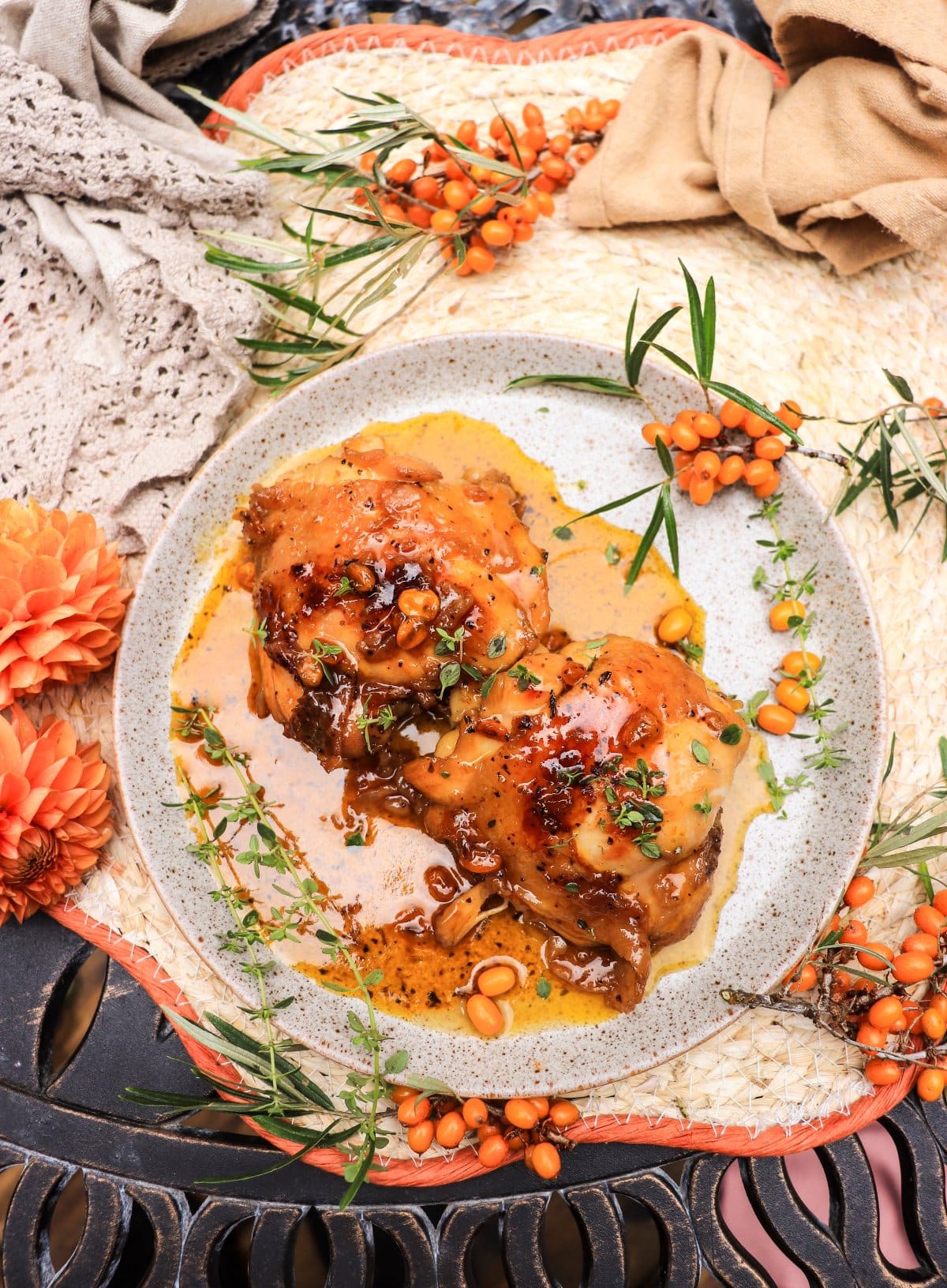 pan-fried chicken with  sea buckthorn berry sauce