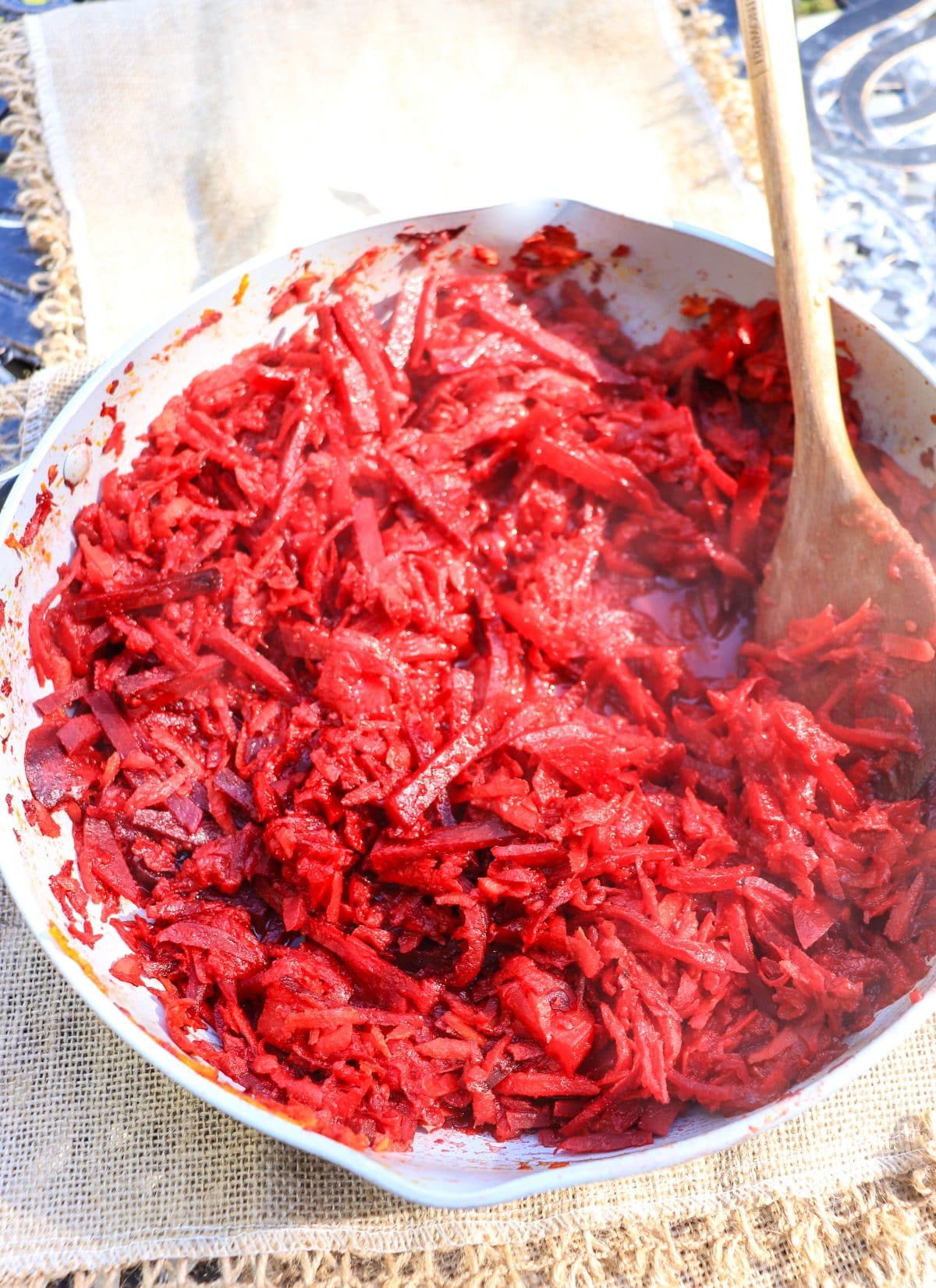 shredded beets and carrots for traditional Ukrainian borscht (Zazharka)