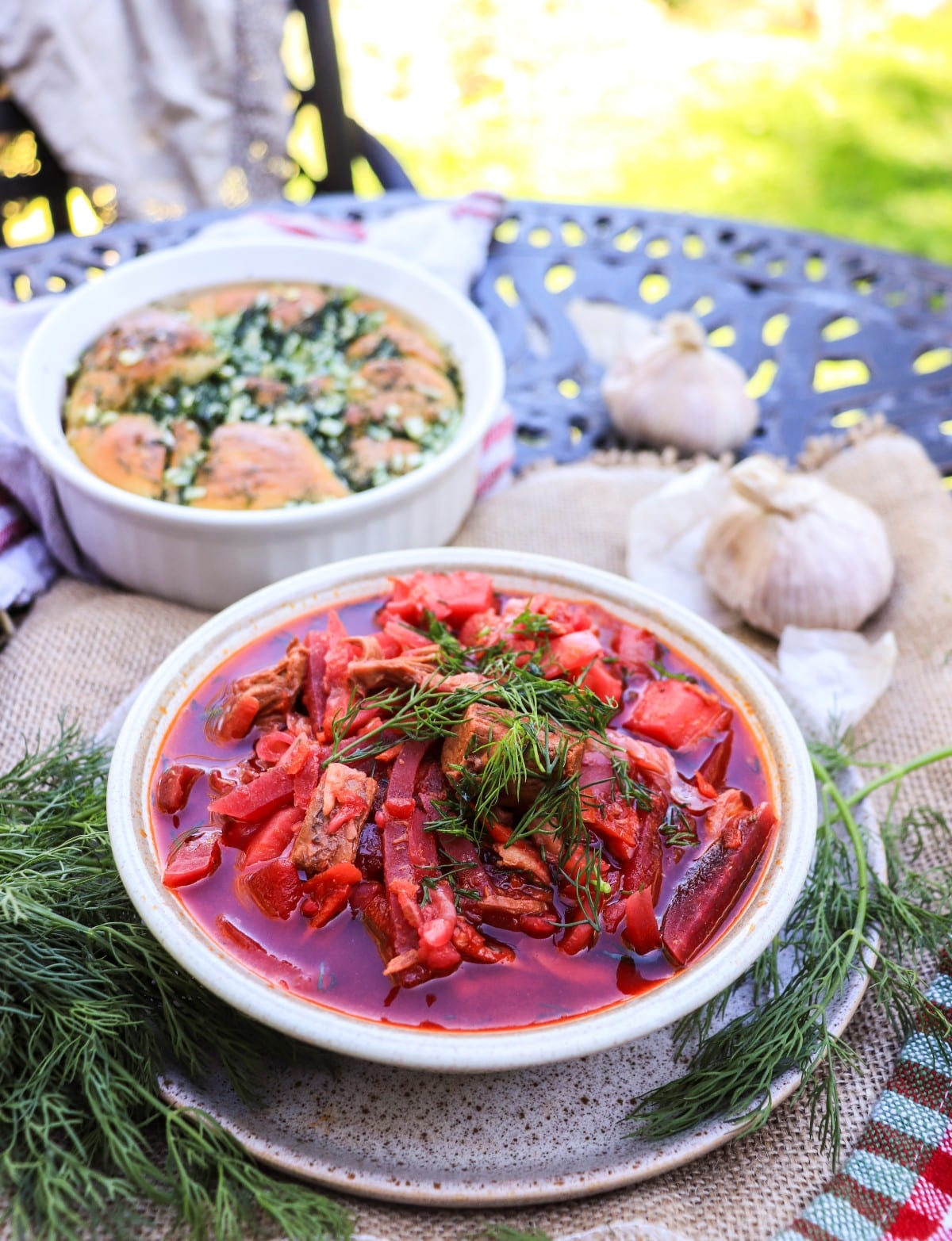 Ukrainian Borscht Recipe – Traditional Beet Soup served with garlic bread pampushky