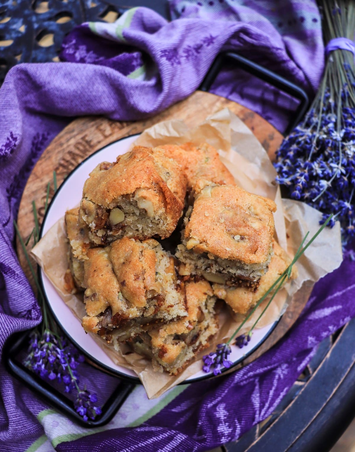lavender cake bars with dried figs and walnuts