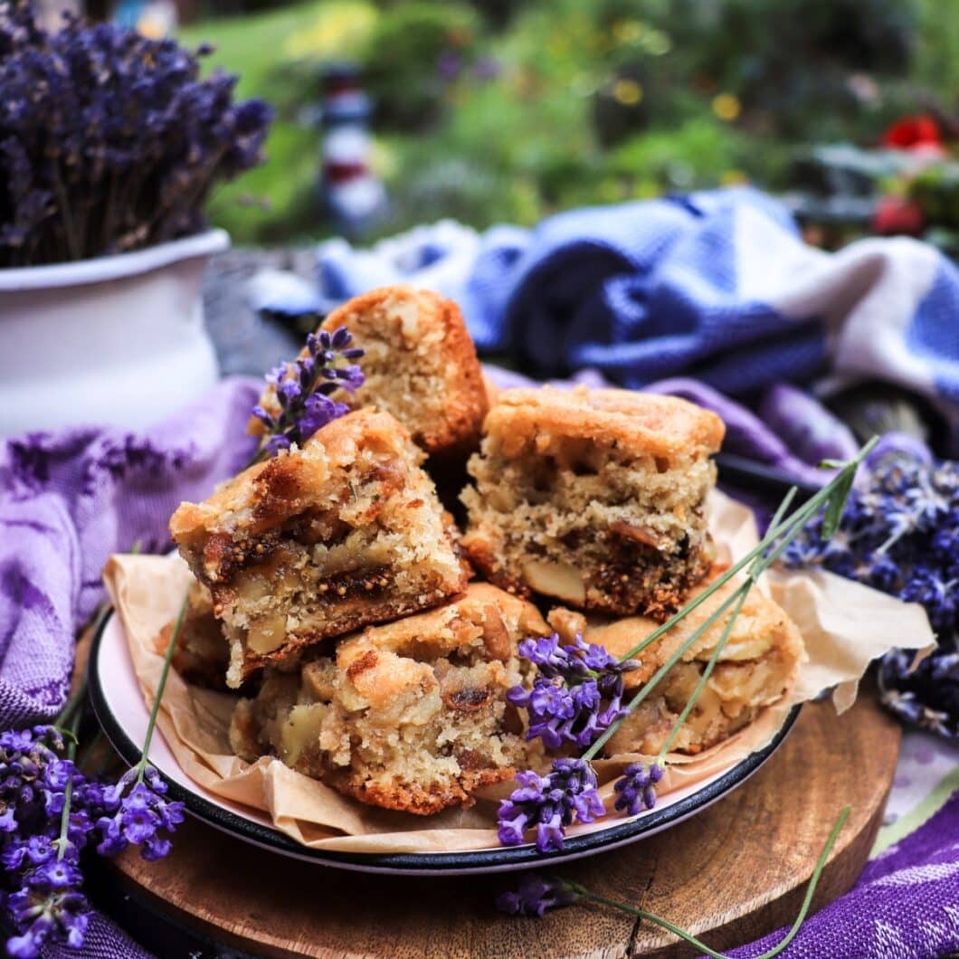 Walnut Fig Cake Bars with Honey and Lavender