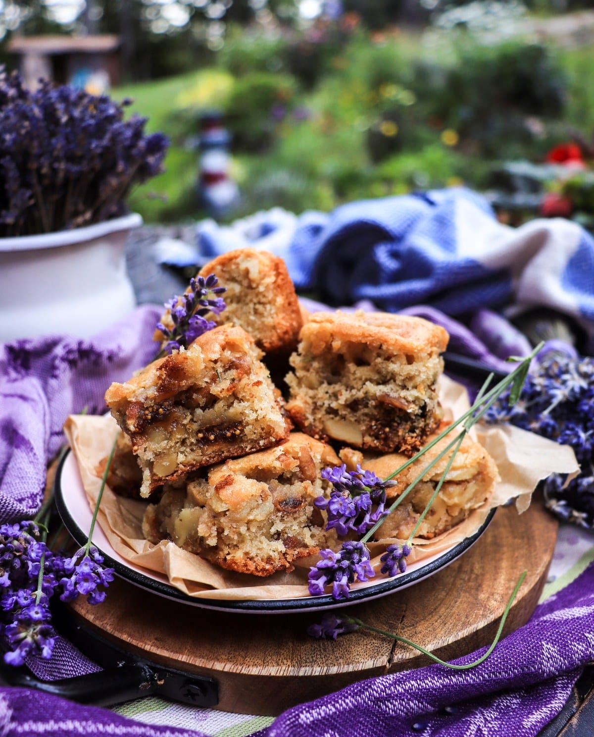 fig and walnut cake squares with dried Turkish figs and lavender
