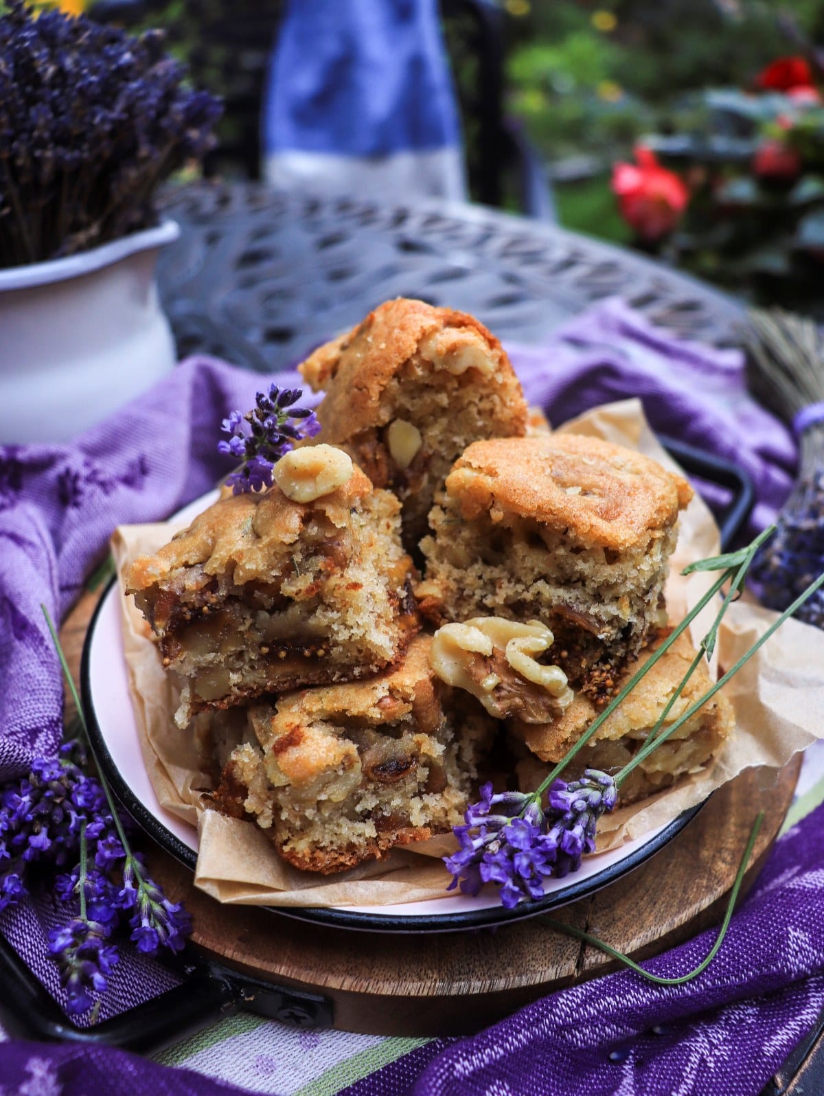 walnut fig cake bars with honey and  lavender